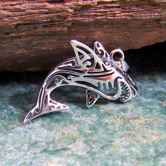 Solid 925 Sterling Silver Shark Pendant – Tribal Style Ocean Necklace Charm – Gift for Surfer