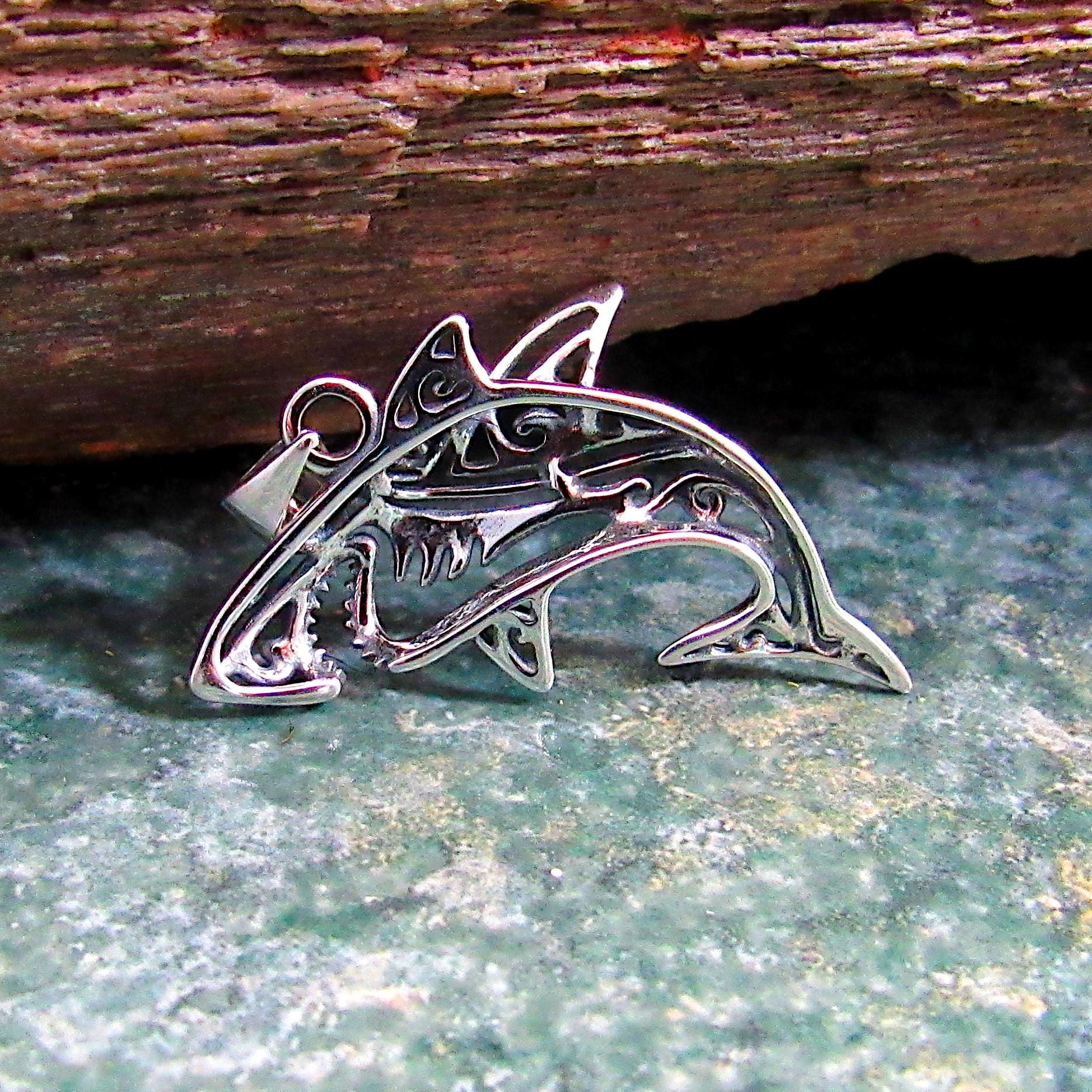 Solid 925 Sterling Silver Shark Pendant – Tribal Style Ocean Necklace Charm – Gift for Surfer