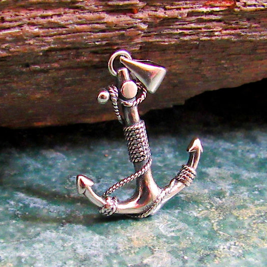 Solid 925 Sterling Silver Anchor Pendant with Rope Detail - Nautical Symbol Jewelry - Men's or Women's Silver Charm - Ocean Inspired Gift
