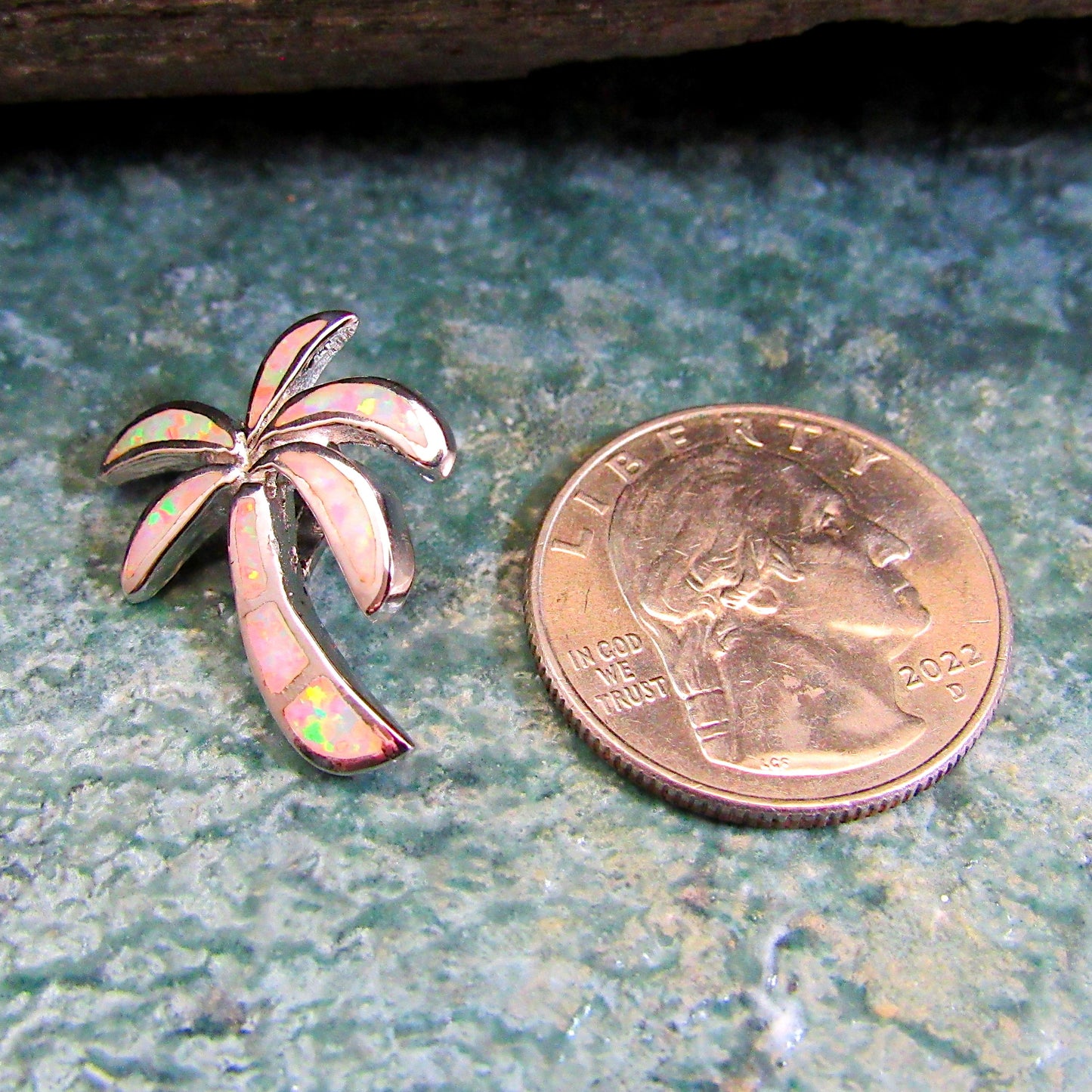 Solid 925 Sterling Silver Palm Tree Slide Pendant with Lab Opal Inlay — Beach Lover Gift