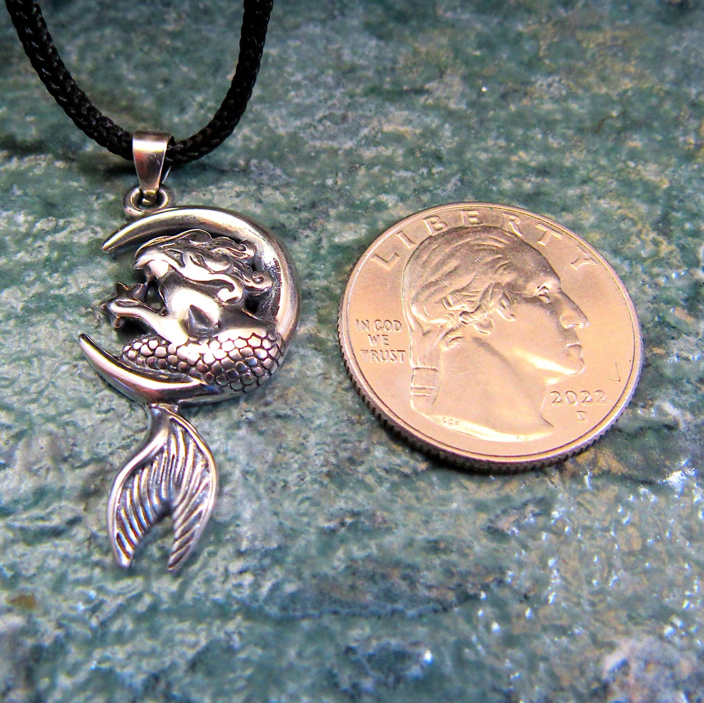 Solid 925 Sterling Silver Mermaid on Crescent Moon Pendant, Handcrafted Cosmic & Nautical Charm, Ocean Life Jewelry, Celestial Lunar Amulet
