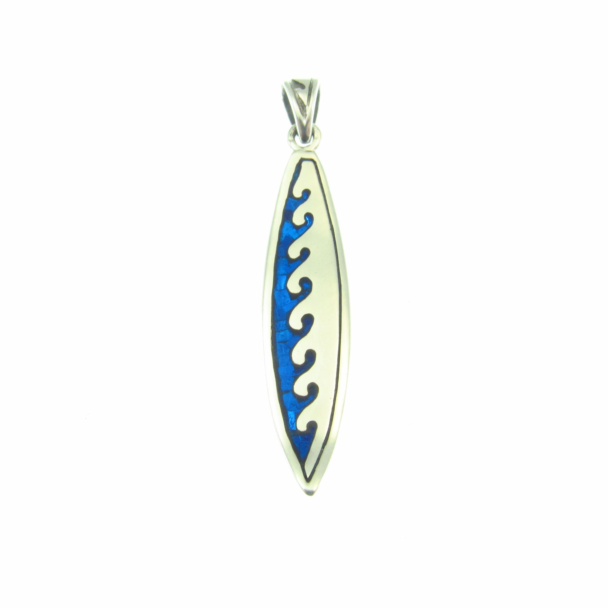 Surfboard with Waves Pendant - Solid 925 Sterling Silver & Blue Enamel Nautical Jewelry Necklace