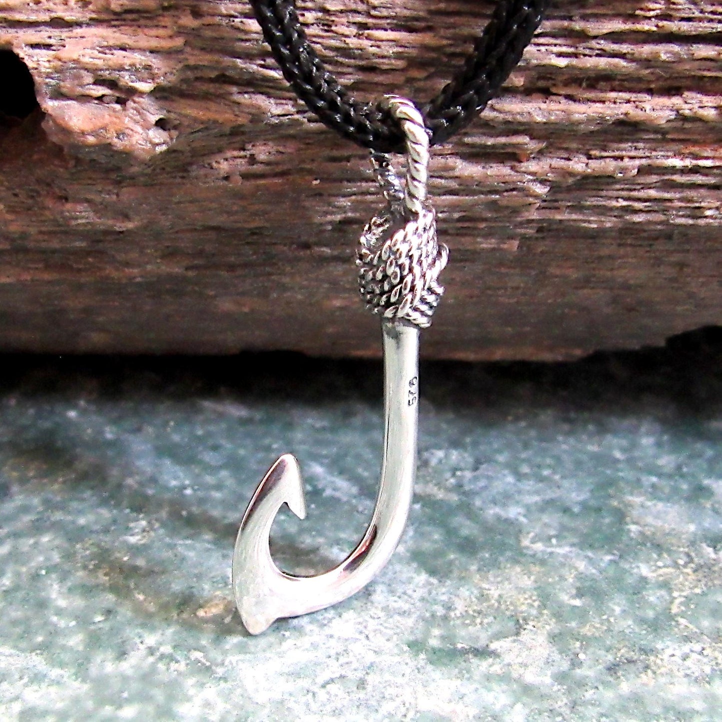 925 Fish Hook Pendant Necklace, Solid Sterling Silver Unisex Hawaiian Style Nautical Fishing Jewelry