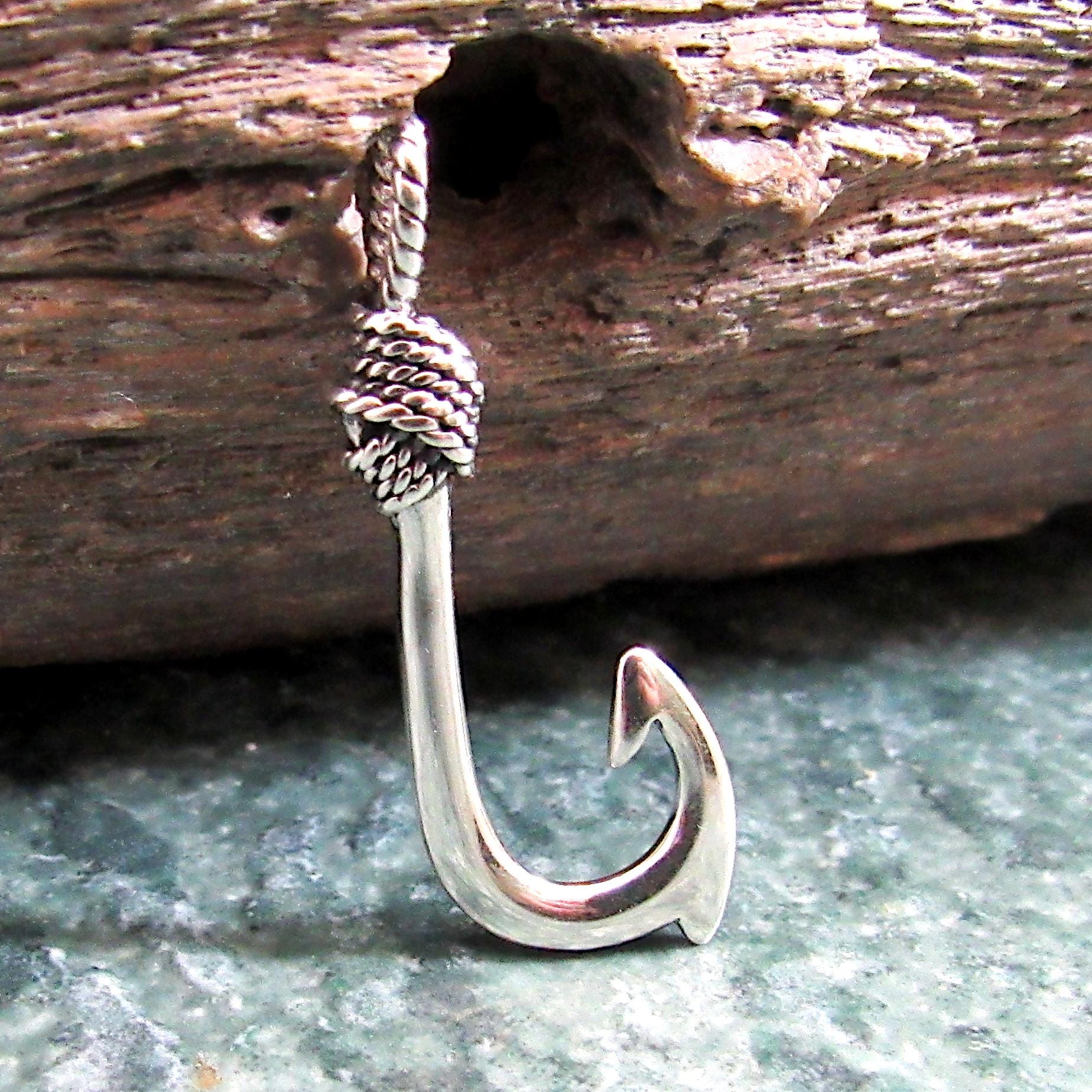 925 Fish Hook Pendant Necklace, Solid Sterling Silver Unisex Hawaiian Style Nautical Fishing Jewelry