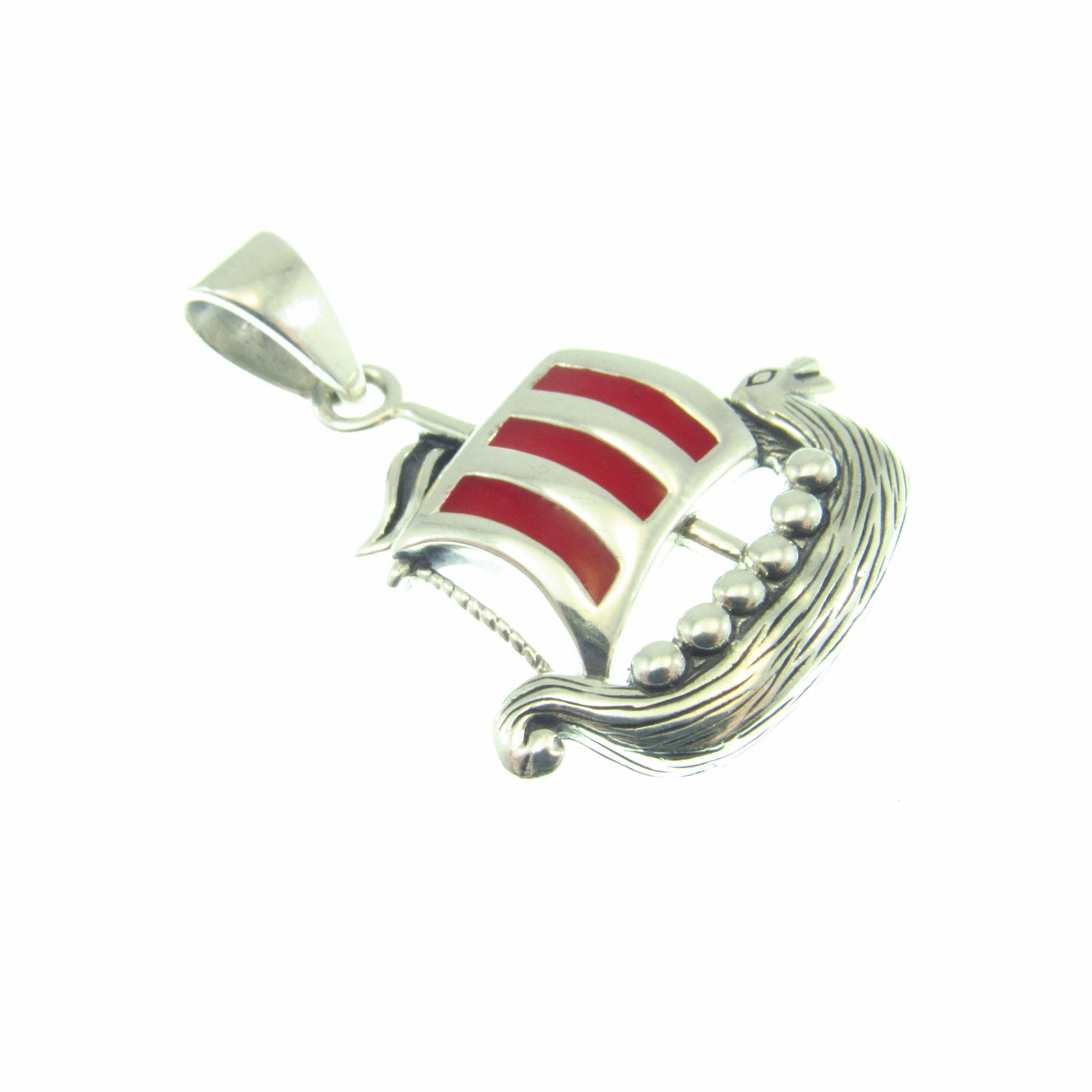 925 Viking Ship Pendant Necklace, Solid Sterling Silver & Red Enamel Norse Longship Jewelry Charm