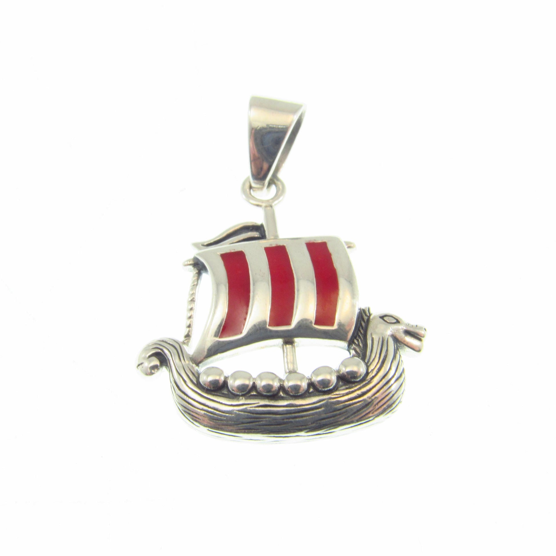 925 Viking Ship Pendant Necklace, Solid Sterling Silver & Red Enamel Norse Longship Jewelry Charm