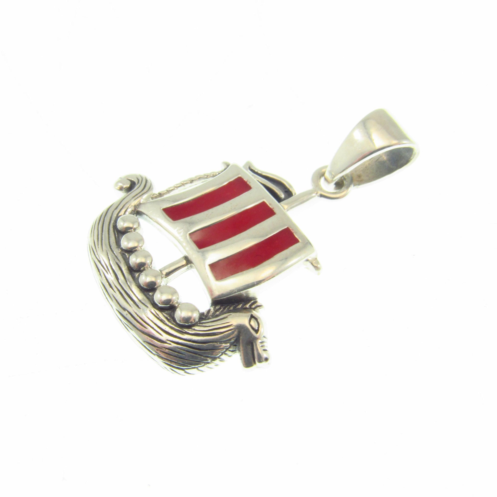 925 Viking Ship Pendant Necklace, Solid Sterling Silver & Red Enamel Norse Longship Jewelry Charm