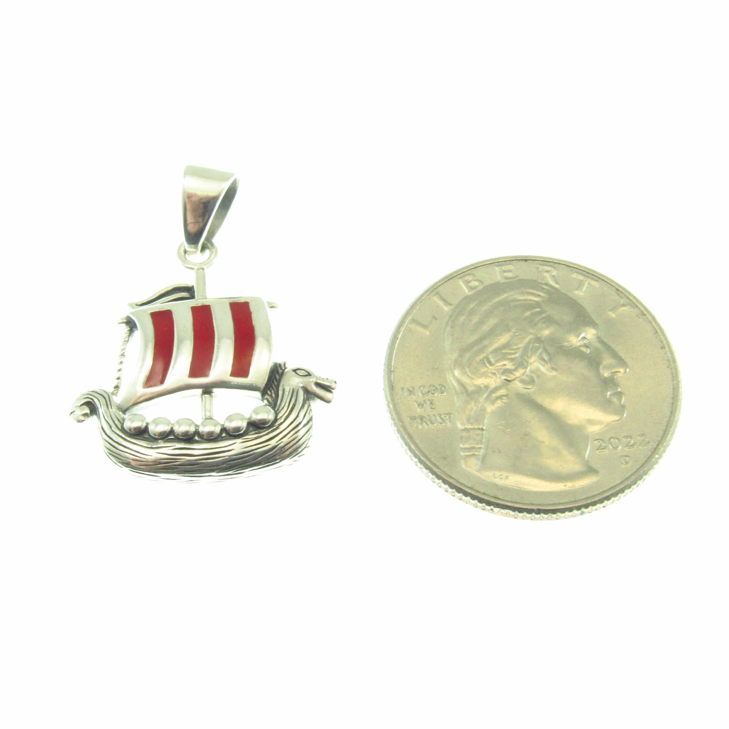 Solid 925 Sterling Silver Viking Ship Pendant with Red Enamel - Norse Longship Necklace Charm