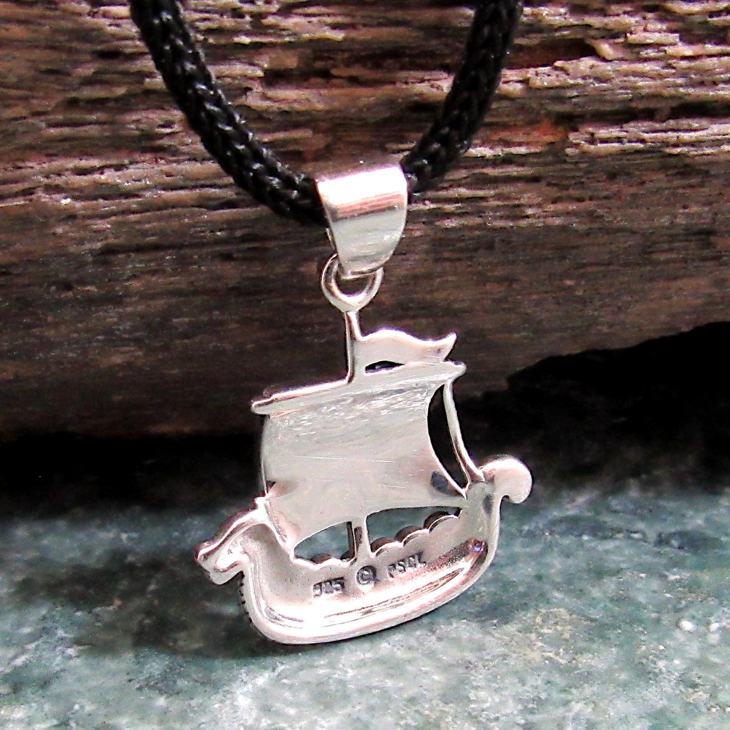 925 Viking Ship Pendant Necklace, Solid Sterling Silver & Red Enamel Norse Longship Jewelry Charm