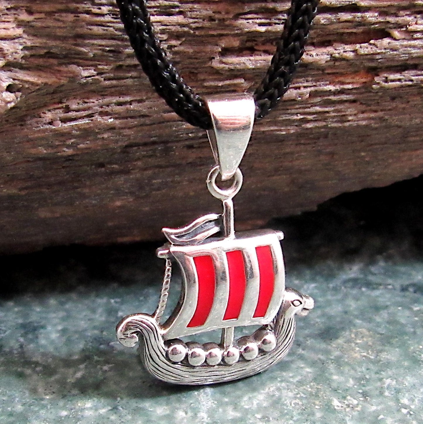 925 Viking Ship Pendant Necklace, Solid Sterling Silver & Red Enamel Norse Longship Jewelry Charm