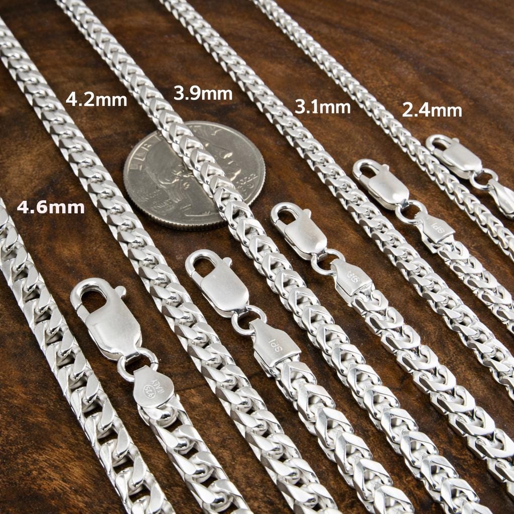 Solid 925 Sterling Silver Italian Franco Link Chain Necklace, Mens Hip Hop Jewelry, Chunky Italian Bracelet, Chevron Links, Made in Italy