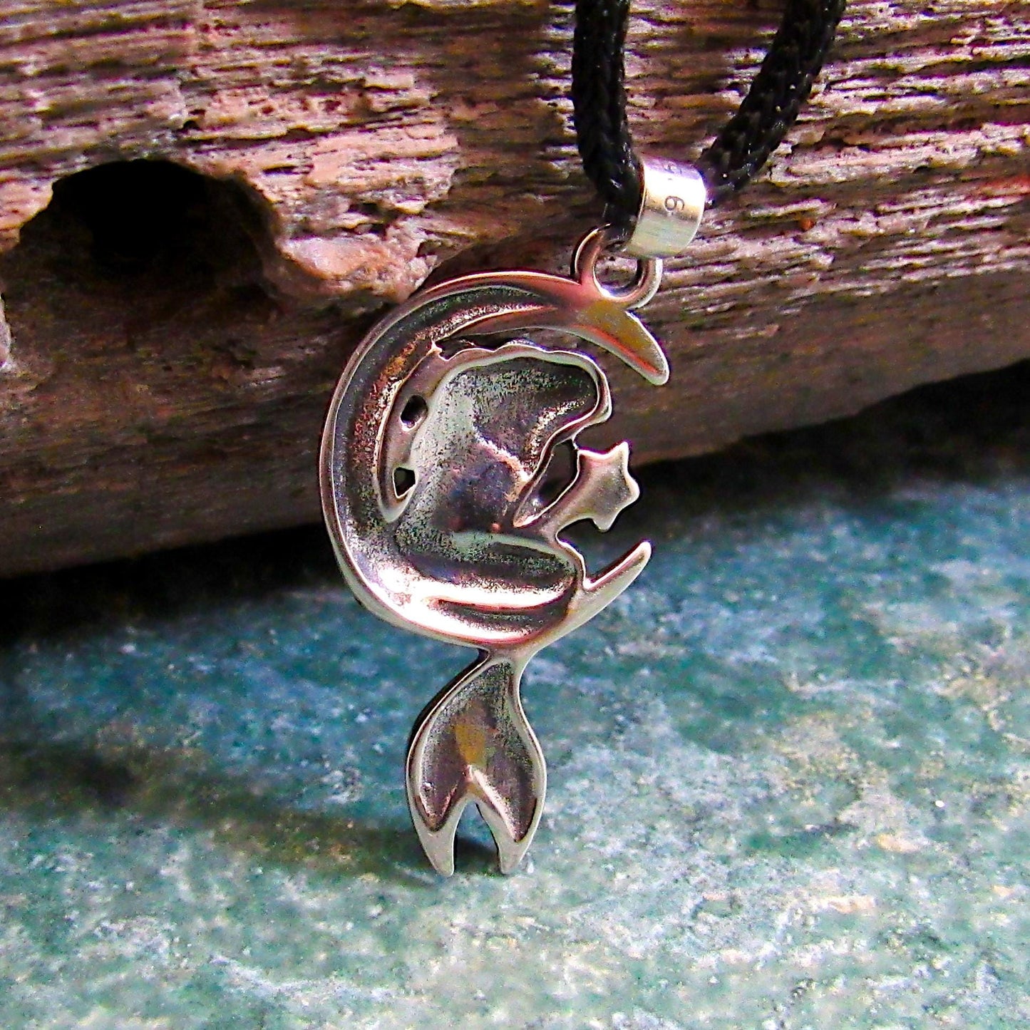 Solid 925 Sterling Silver Mermaid on Crescent Moon Pendant, Handcrafted Cosmic & Nautical Charm, Ocean Life Jewelry, Celestial Lunar Amulet