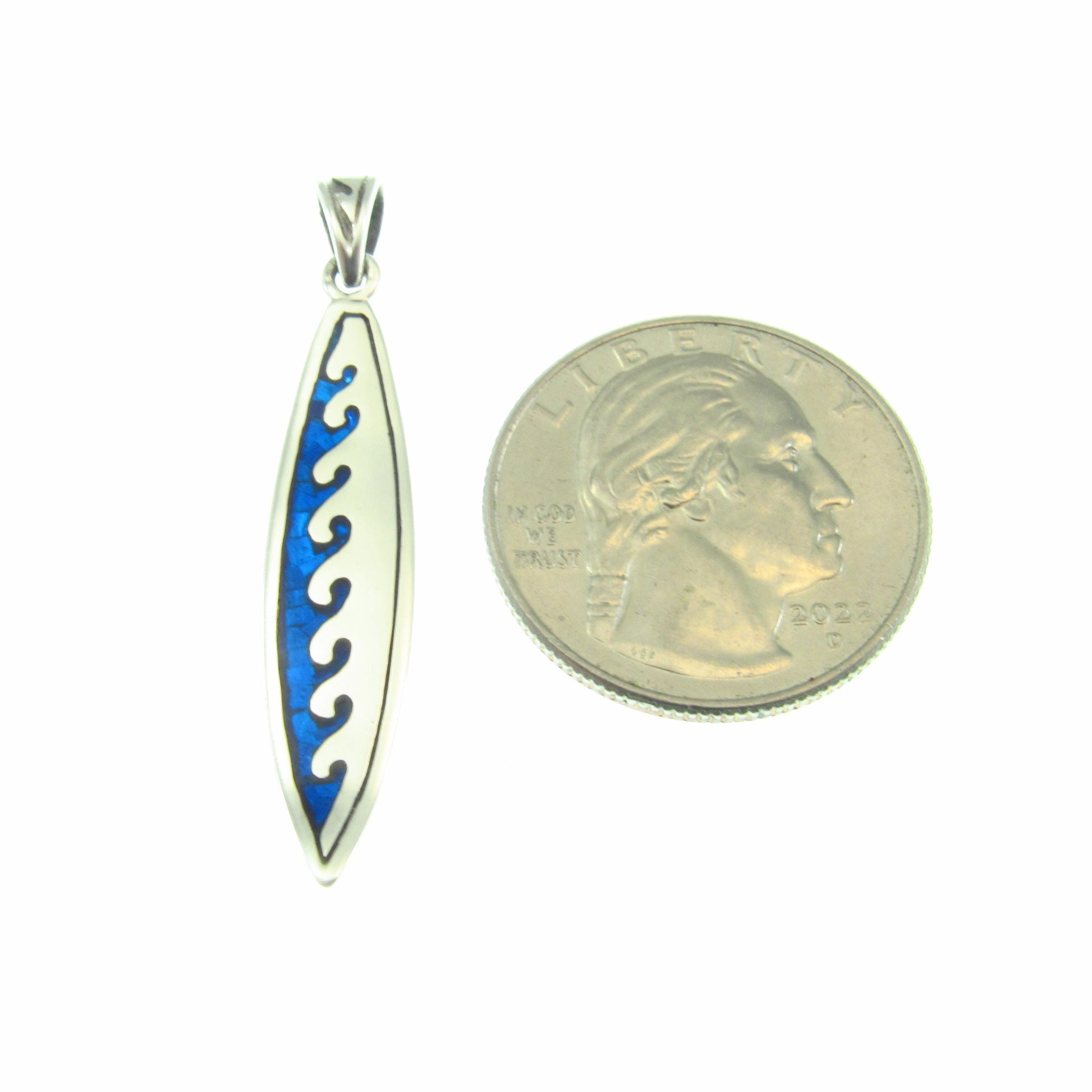 Surfboard with Waves Pendant - Solid 925 Sterling Silver & Blue Enamel Nautical Jewelry Necklace