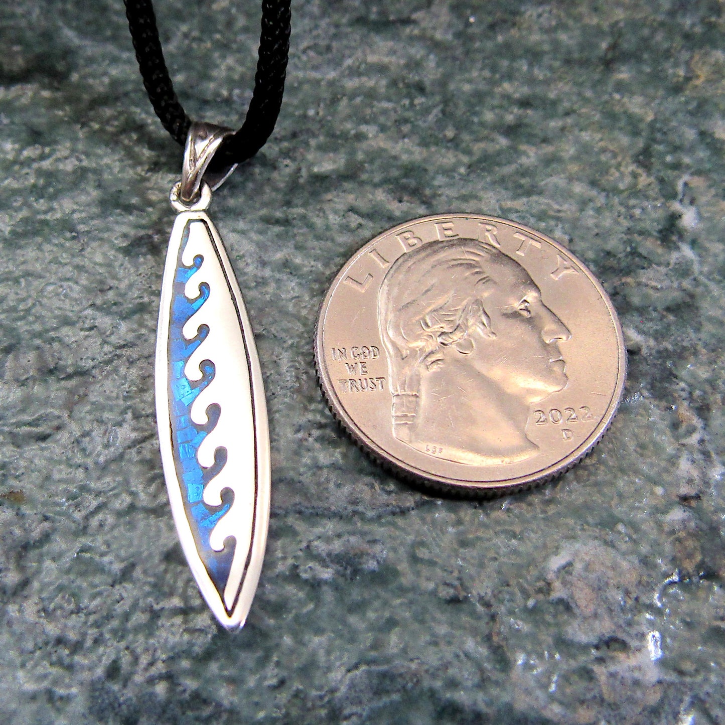 Surfboard with Waves Pendant - Solid 925 Sterling Silver & Blue Enamel Nautical Jewelry Necklace