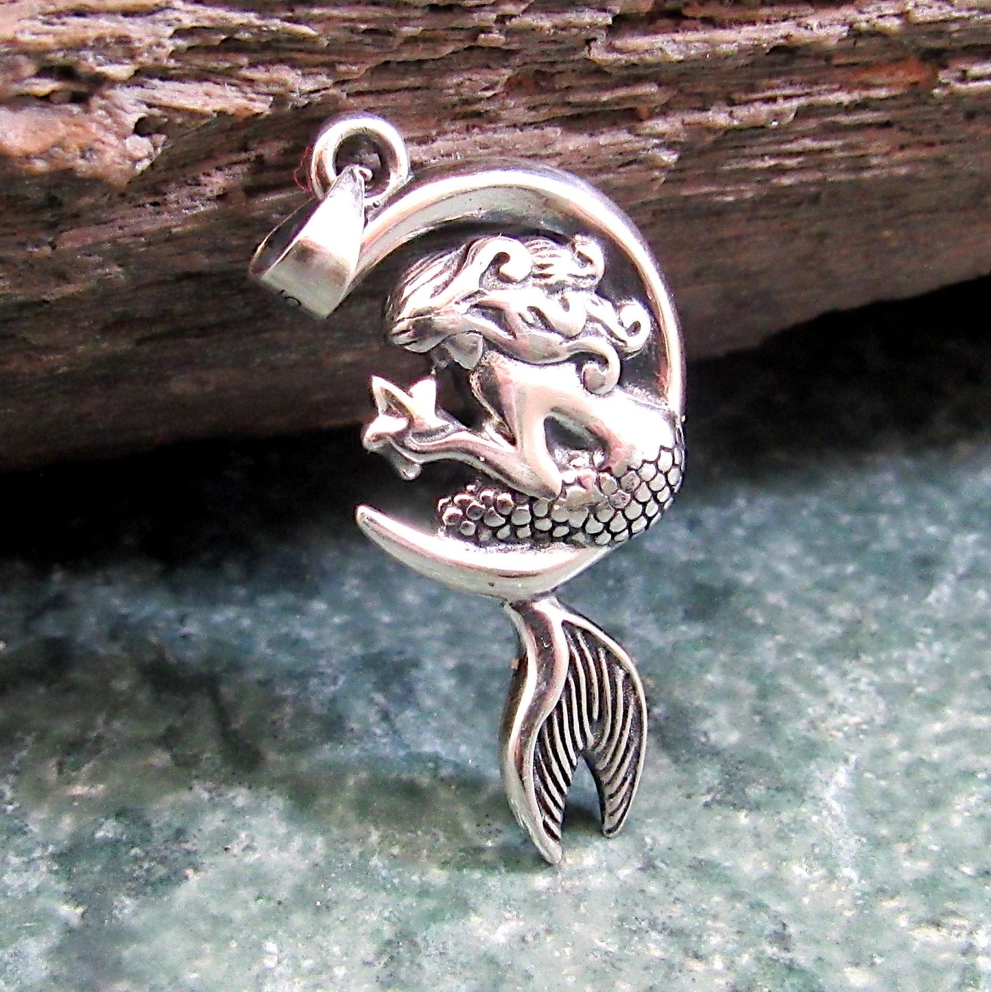 Solid 925 Sterling Silver Mermaid on Crescent Moon Pendant, Handcrafted Cosmic & Nautical Charm, Ocean Life Jewelry, Celestial Lunar Amulet
