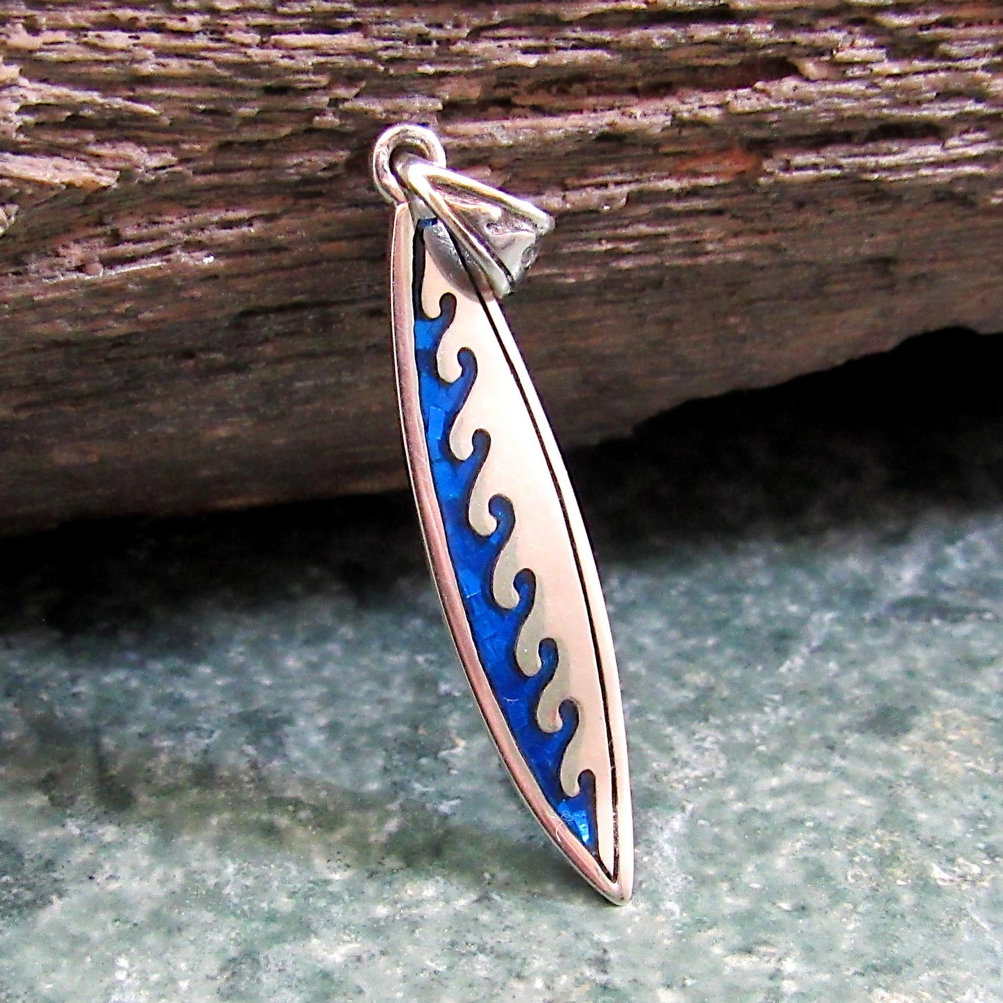 Surfboard with Waves Pendant - Solid 925 Sterling Silver & Blue Enamel Nautical Jewelry Necklace