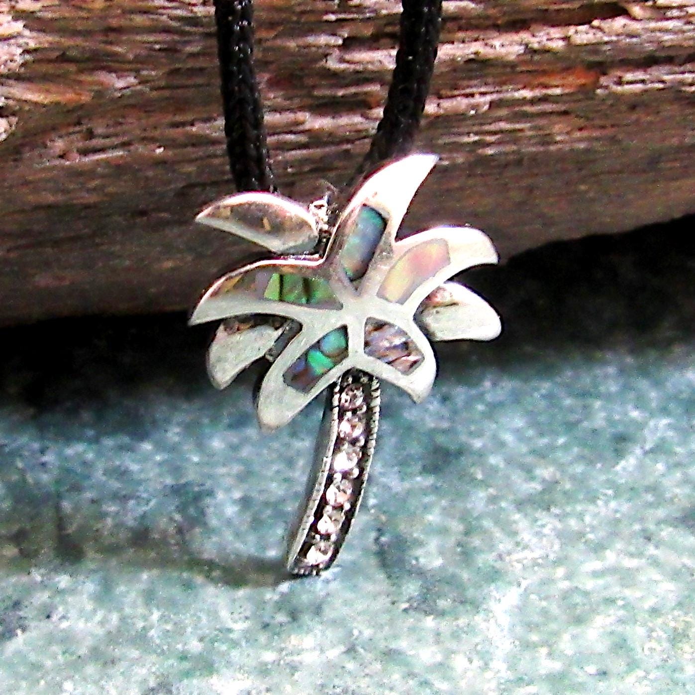 Solid 925 Sterling Silver Rainbow Paua Shell Palm Tree Slide Pendant, Handcrafted Abalone Shell Jewelry, Summer & Beach Interest
