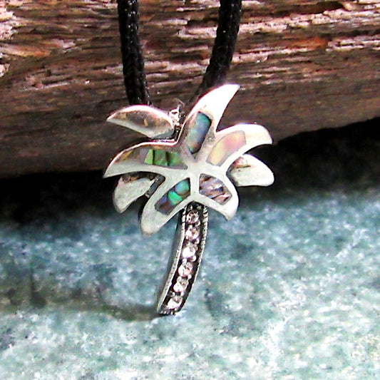 Solid 925 Sterling Silver Rainbow Paua Shell Palm Tree Slide Pendant, Handcrafted Abalone Shell Jewelry, Summer & Beach Interest