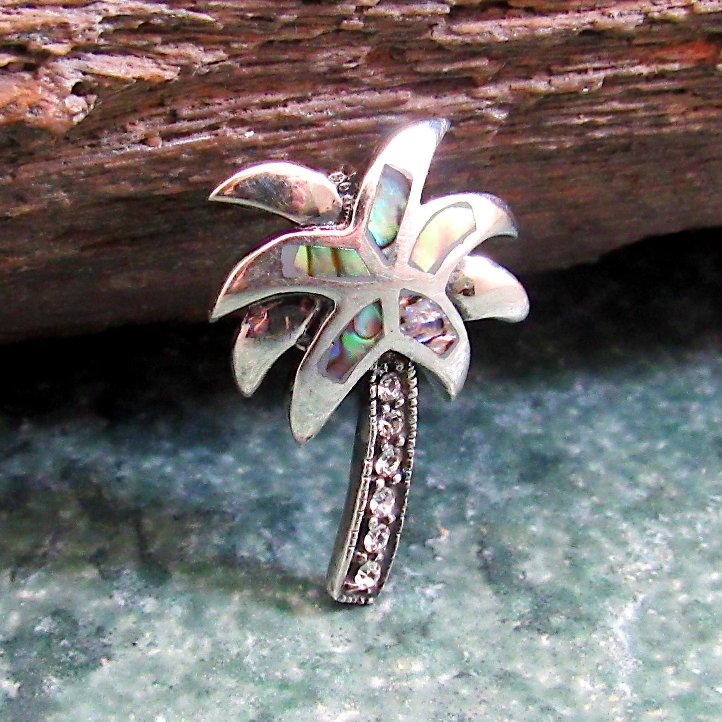 Solid 925 Sterling Silver Rainbow Paua Shell Palm Tree Slide Pendant, Handcrafted Abalone Shell Jewelry, Summer & Beach Interest