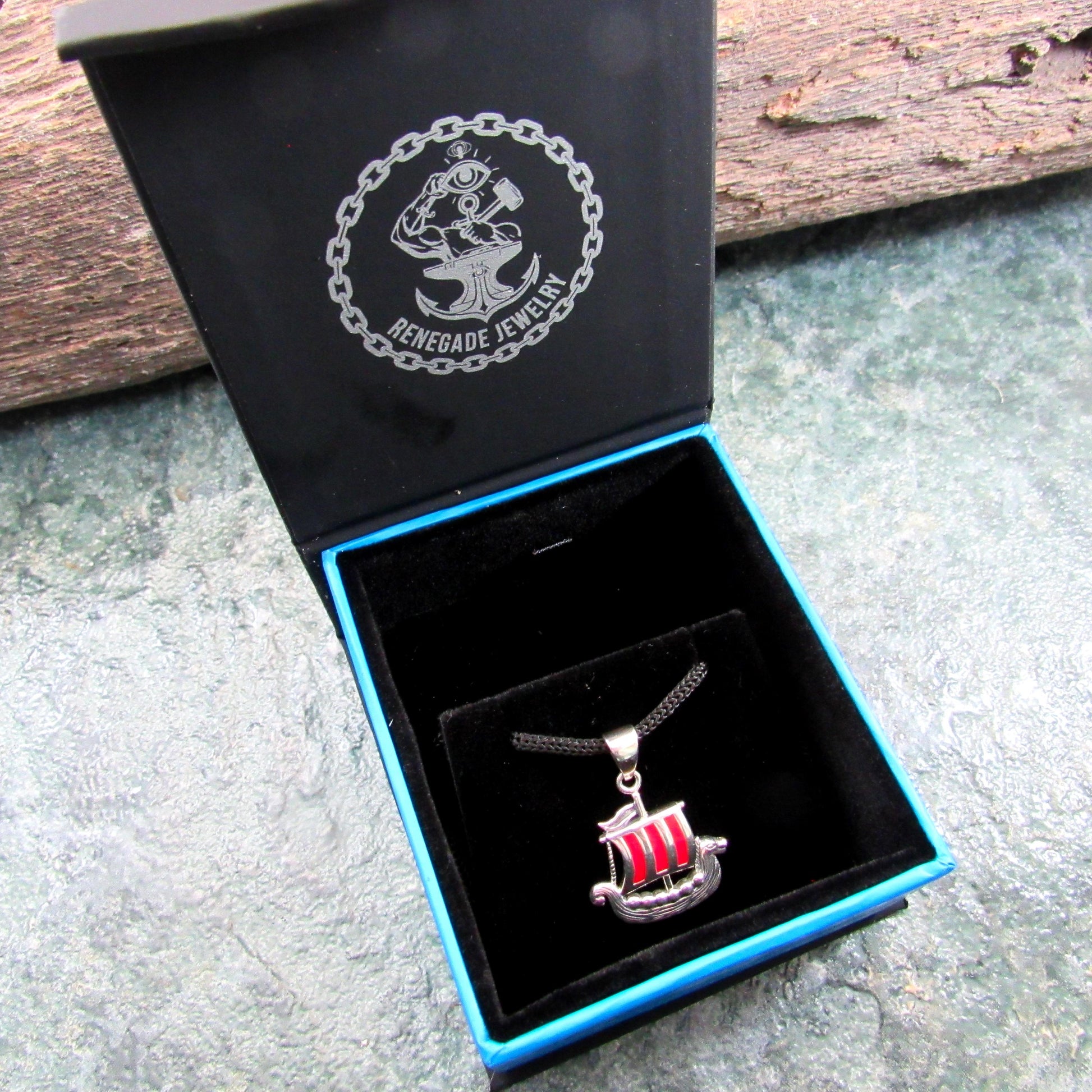 925 Viking Ship Pendant Necklace, Solid Sterling Silver & Red Enamel Norse Longship Jewelry Charm
