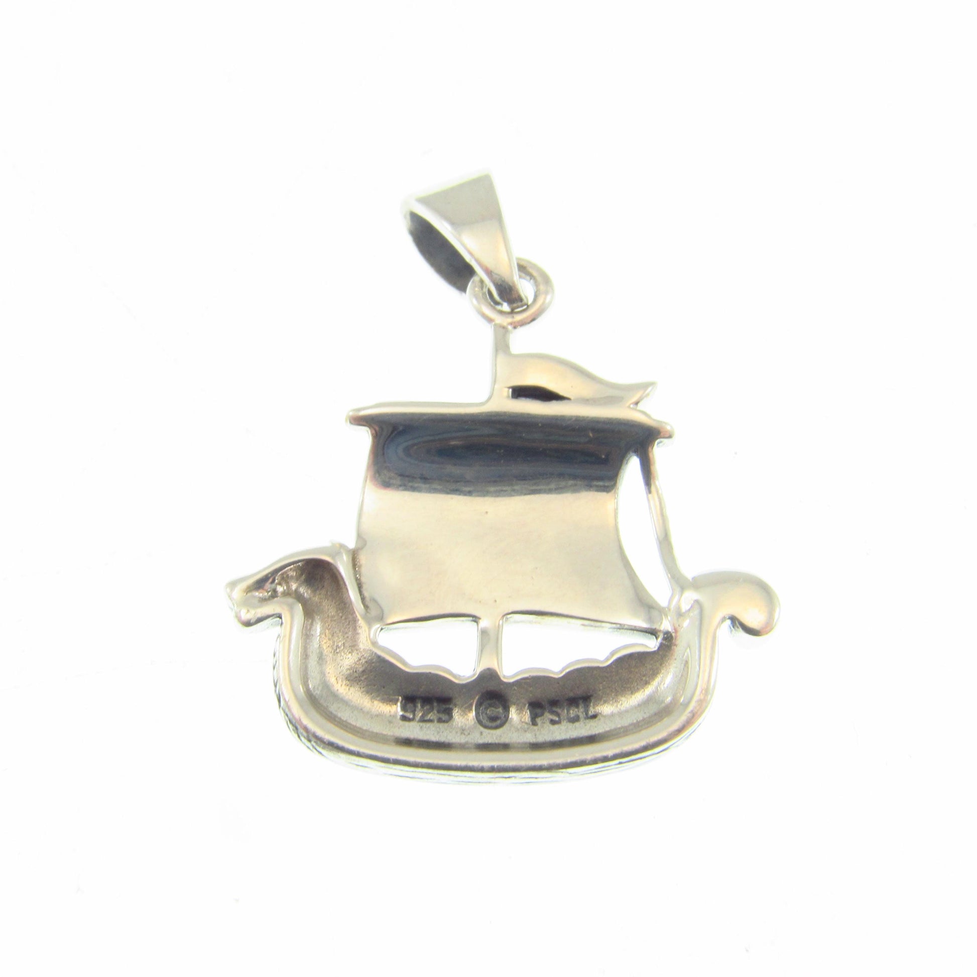 Solid 925 Sterling Silver Viking Ship Pendant with Red Enamel - Norse Longship Necklace Charm