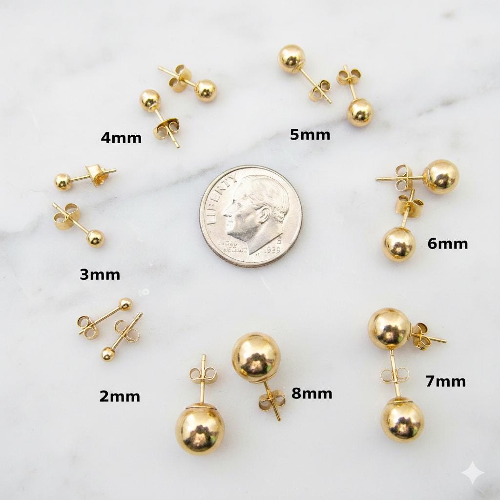 Solid 14k Gold Ball Stud Earrings – Simple Round Studs in Small, Medium & Large Sizes – Minimalist Earring Balls for Men / Women