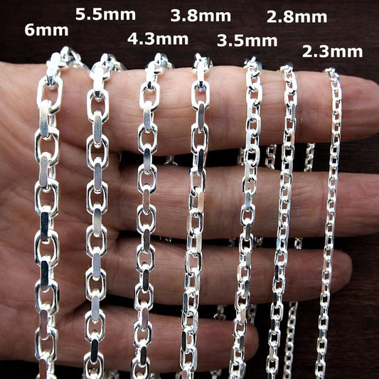 Solid 925 Sterling Silver Italian Diamond Cut Forzatina Chain, Men's Cable Chain, Nautical Anchor Link Necklace or Bracelet, Made in Italy