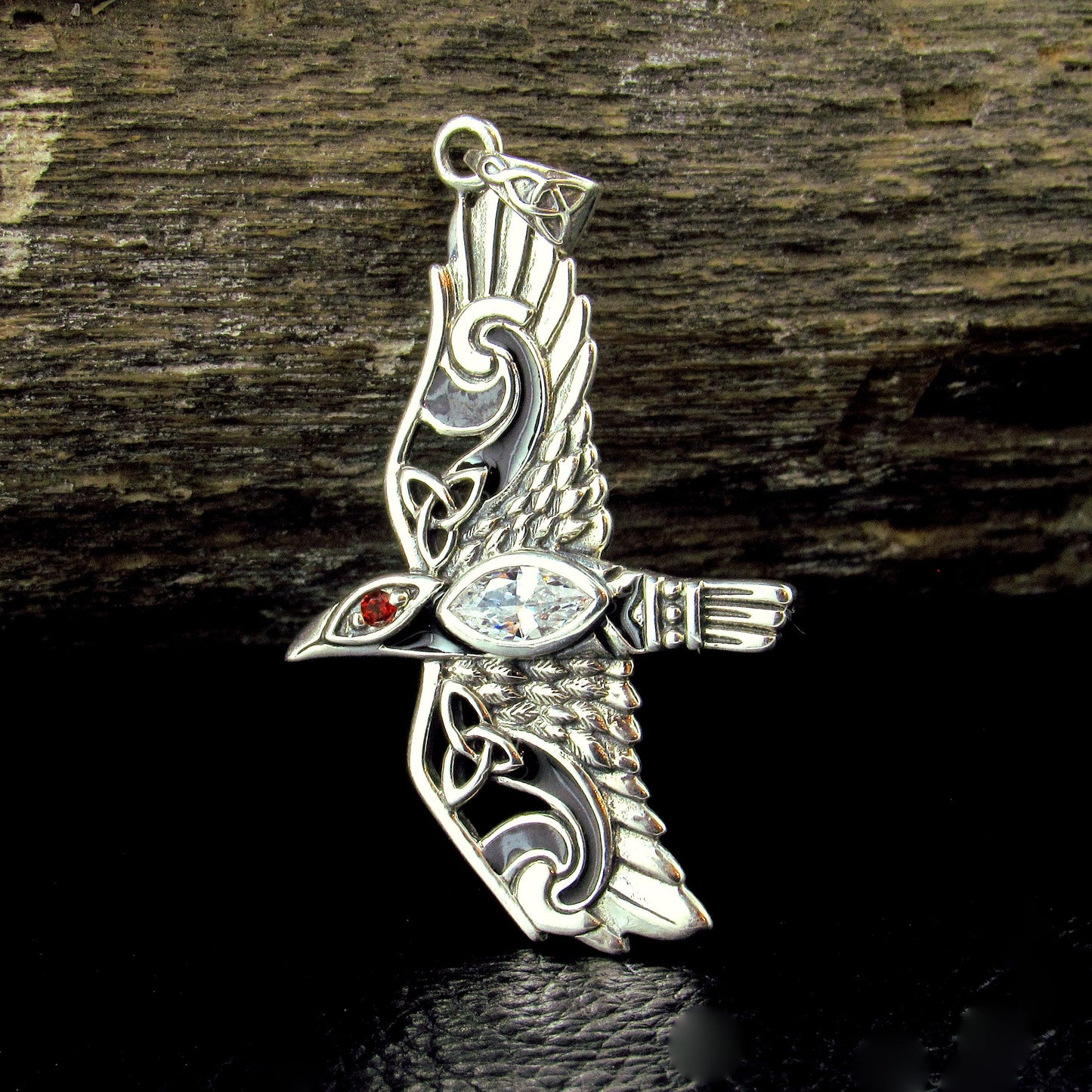 Solid 925 Sterling Silver Raven Pendant in Flight, Celtic Knot Bird with Faceted Gemstone – Amethyst Garnet Moonstone or Topaz