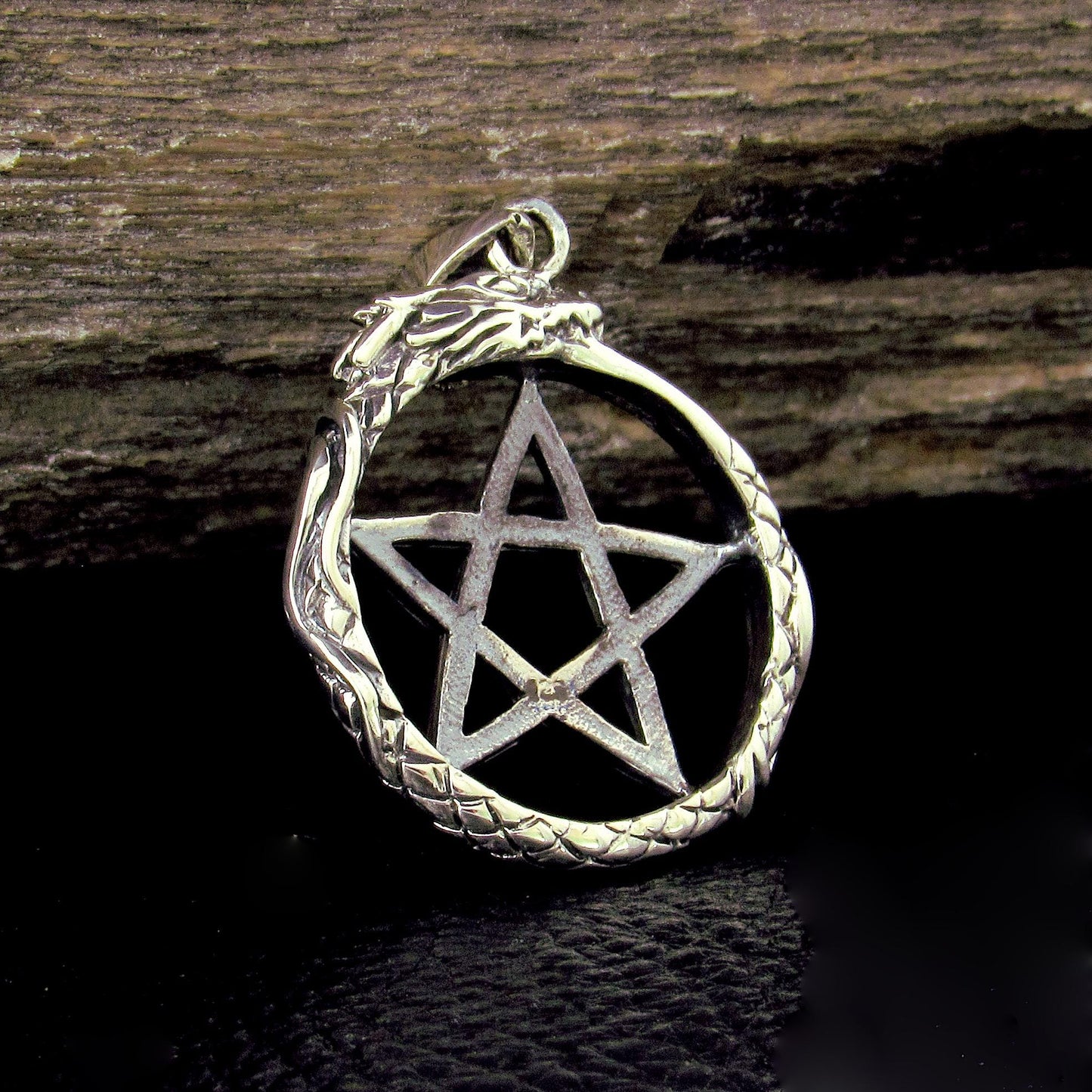 Solid 925 Sterling Silver Ouroboros Pentacle Pendant, Serpent Petagram, Pagan Amulet, Occult Jewelry