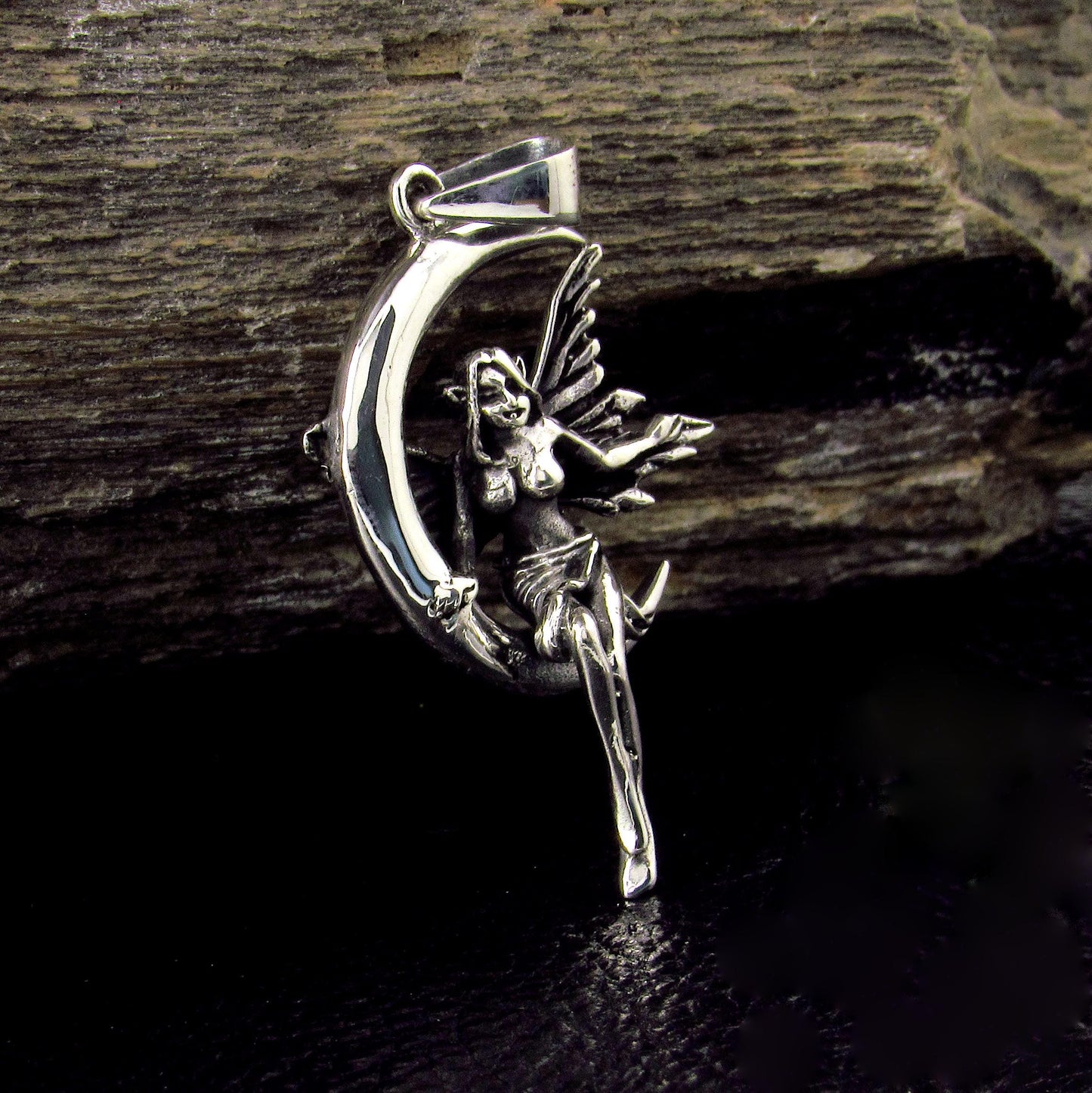 Solid 925 Sterling Silver Fairy on Crescent Moon Pendant, Magic Celestial Faerie Amulet