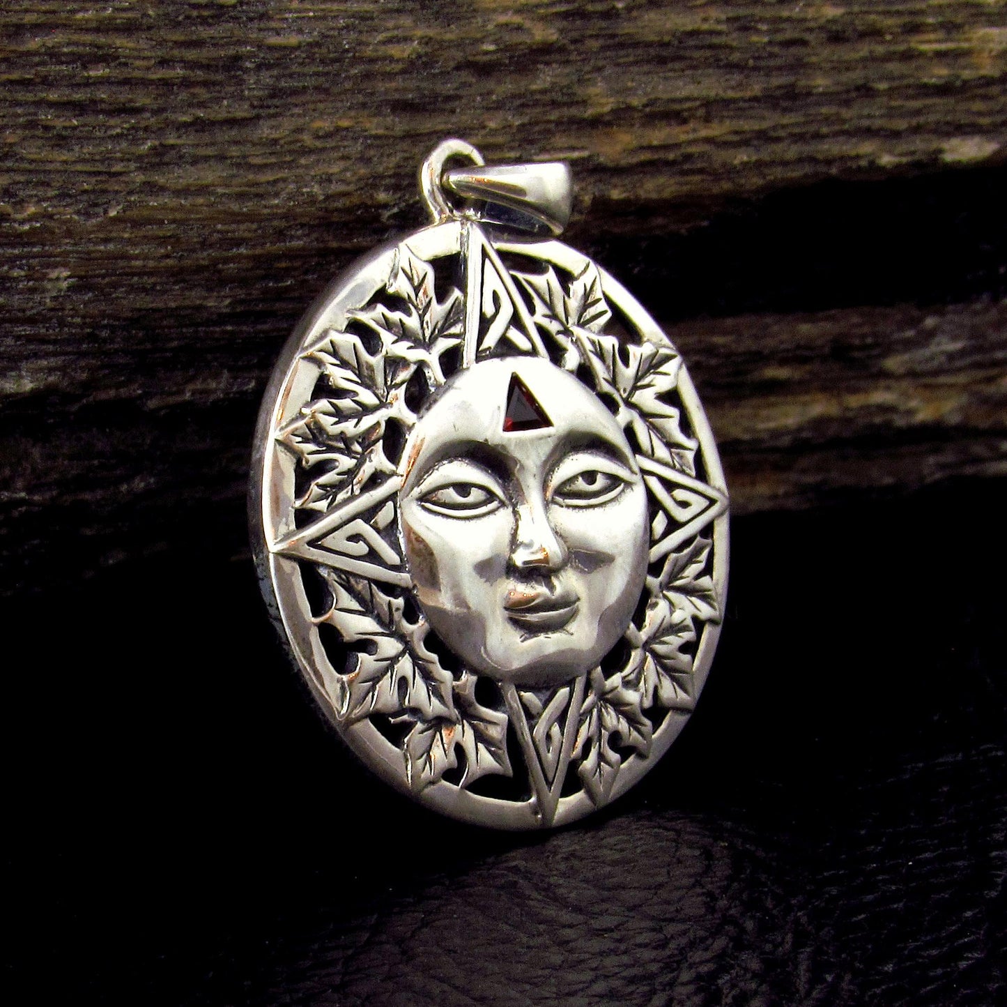 Solid 925 Sterling Silver Autumn Sun Face Pendant with Garnet, Celtic Leaf Solar Talisman
