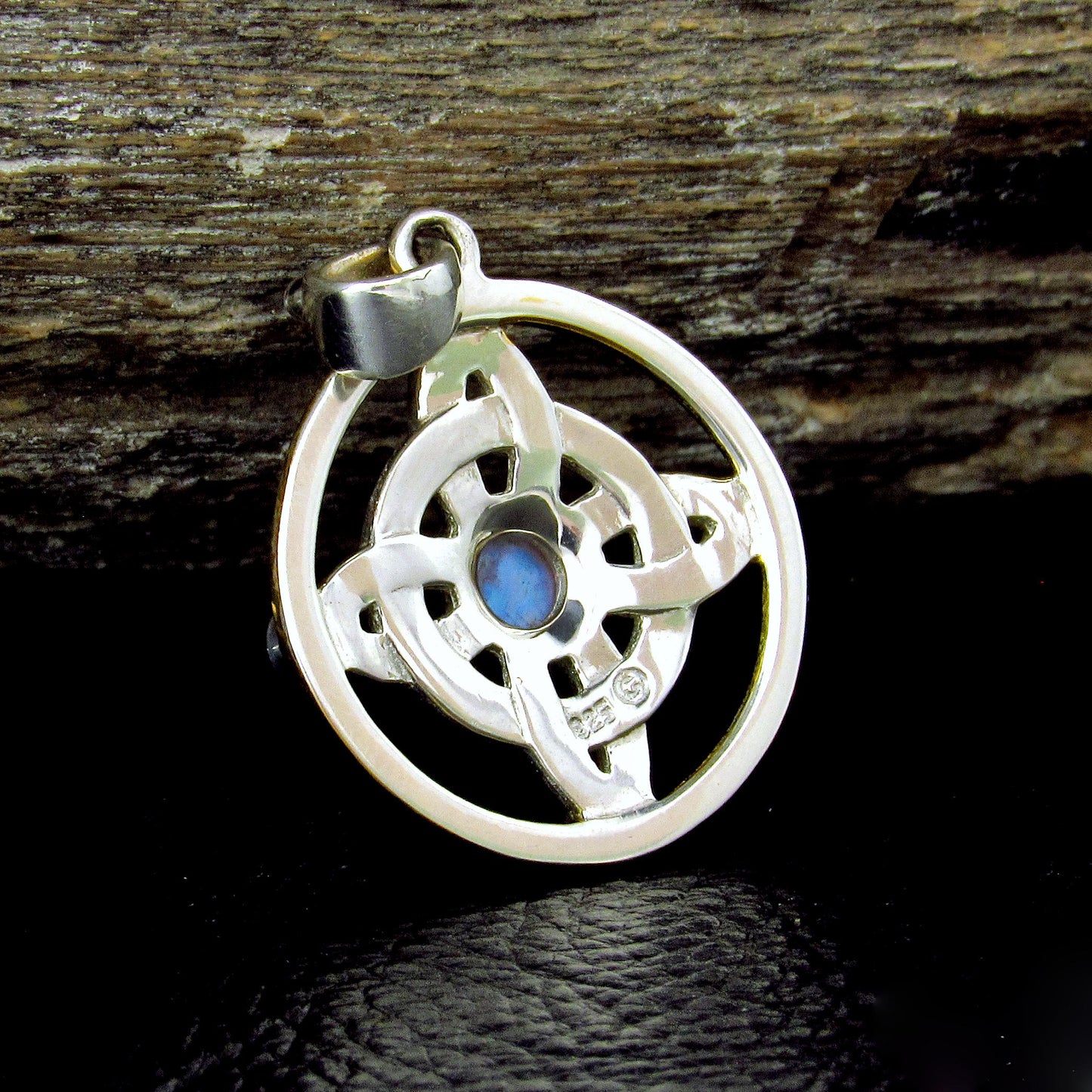 Solid 925 Sterling Silver & 18k Gold Witch's Protection Knot Pendant, Celtic Quaternary Knot, with Moonstone, Onyx, and Quartz