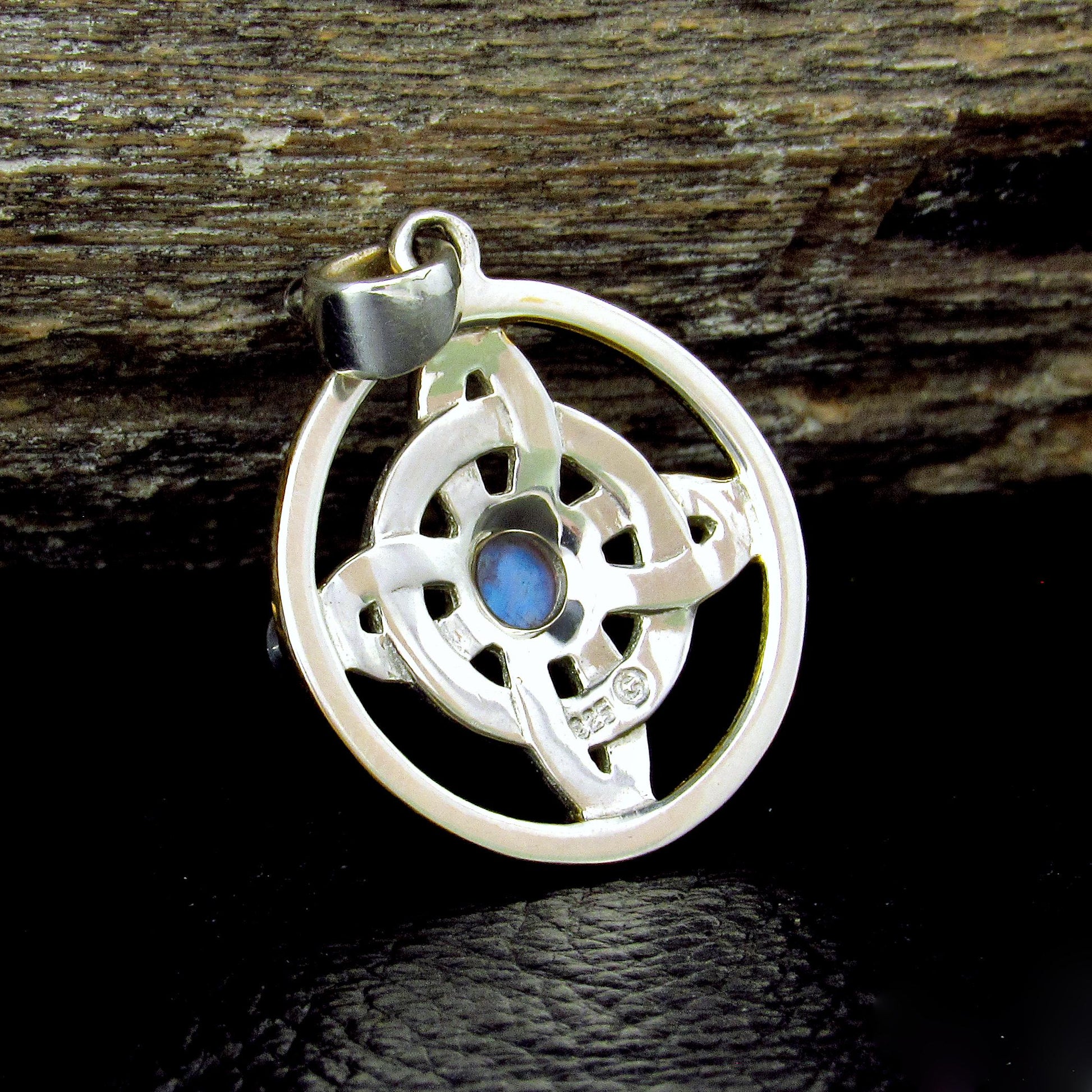Solid 925 Sterling Silver & 18k Gold Witch's Protection Knot Pendant, Celtic Quaternary Knot, with Moonstone, Onyx, and Quartz