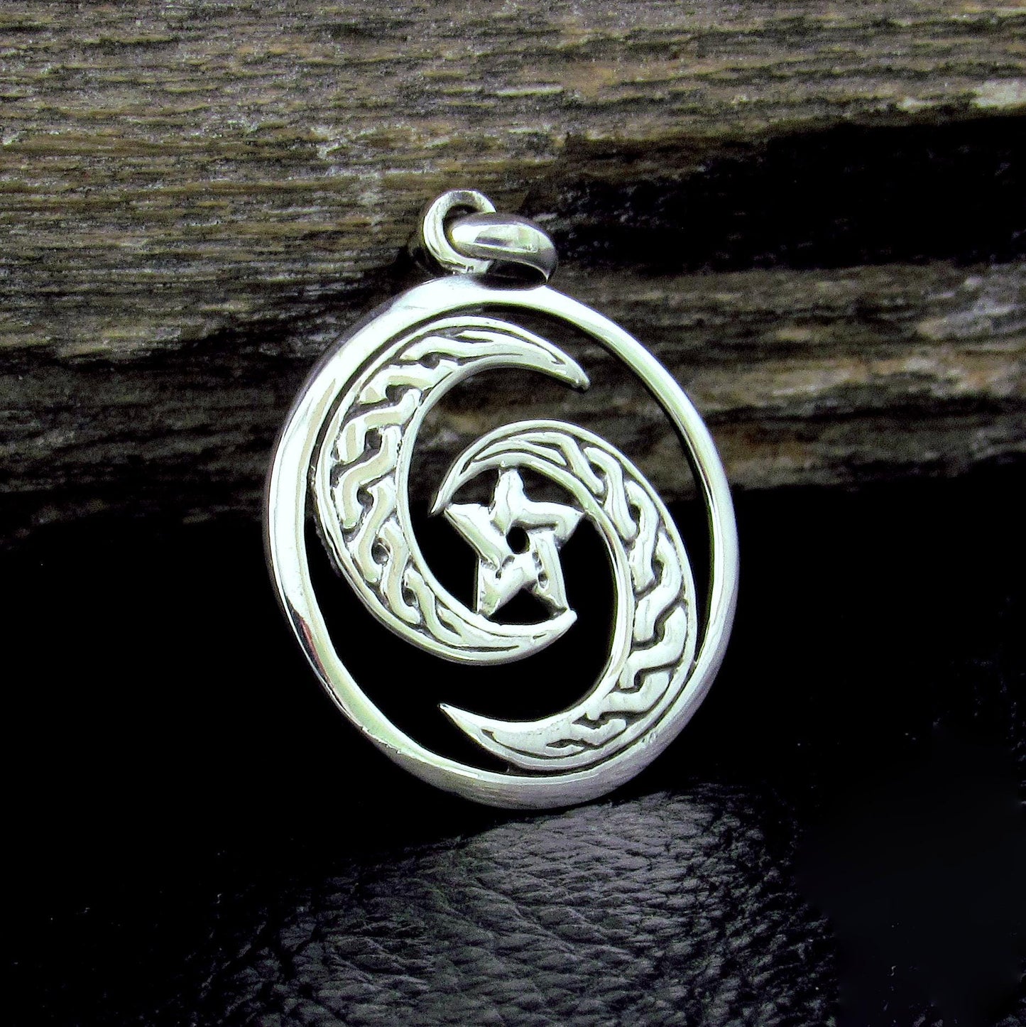 Solid 925 Sterling Silver Celtic Crescent Moon Pentacle Pendant, Wiccan Protection Amulet, Triple Goddess