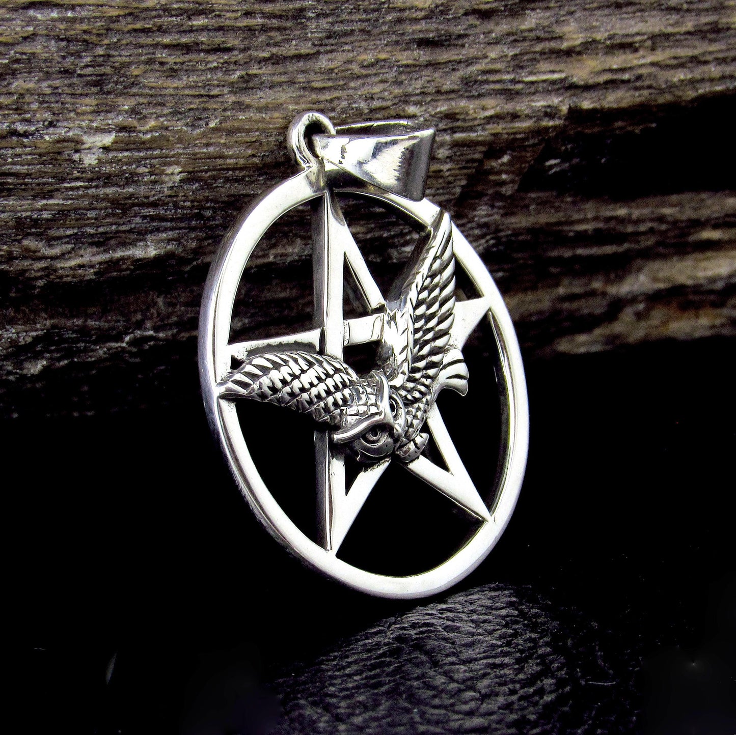 Solid 925 Sterling Silver Owl Pentacle Pendant, Flying Owl Pentagram Amulet, Pagan Protection Talisman