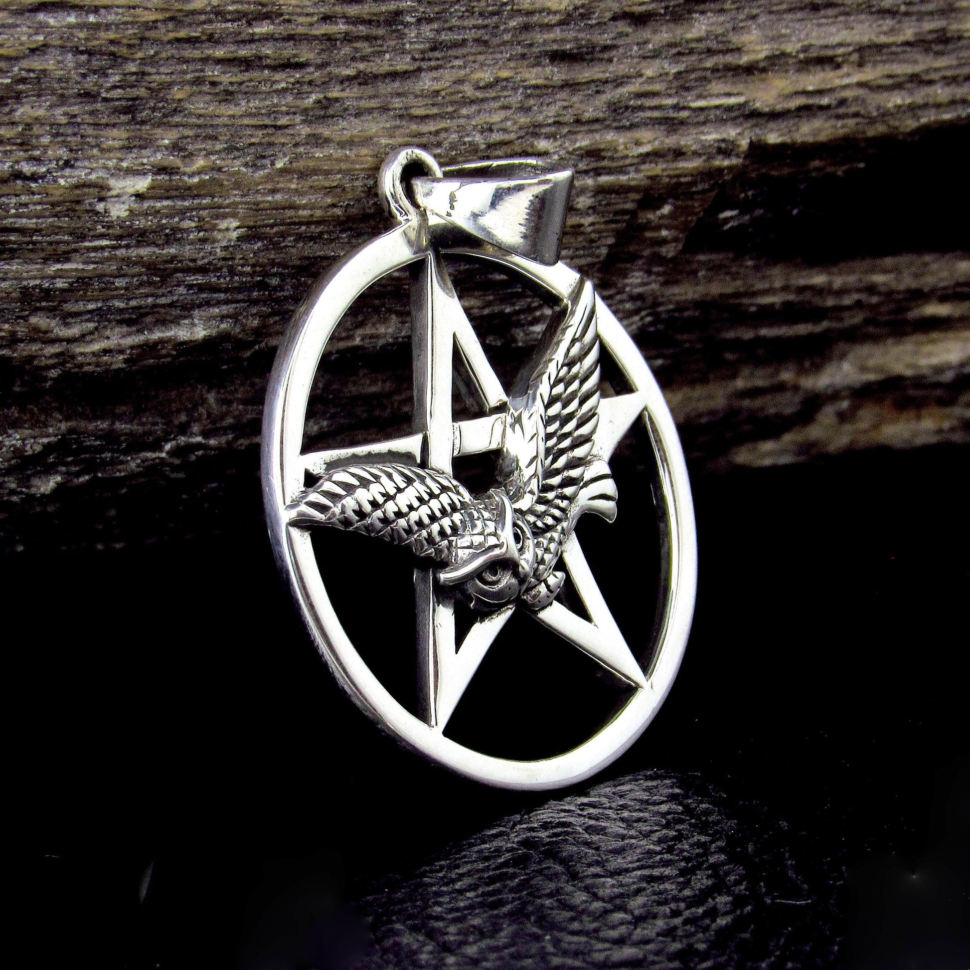Solid 925 Sterling Silver Owl Pentacle Pendant, Flying Owl Pentagram Amulet, Pagan Protection Talisman