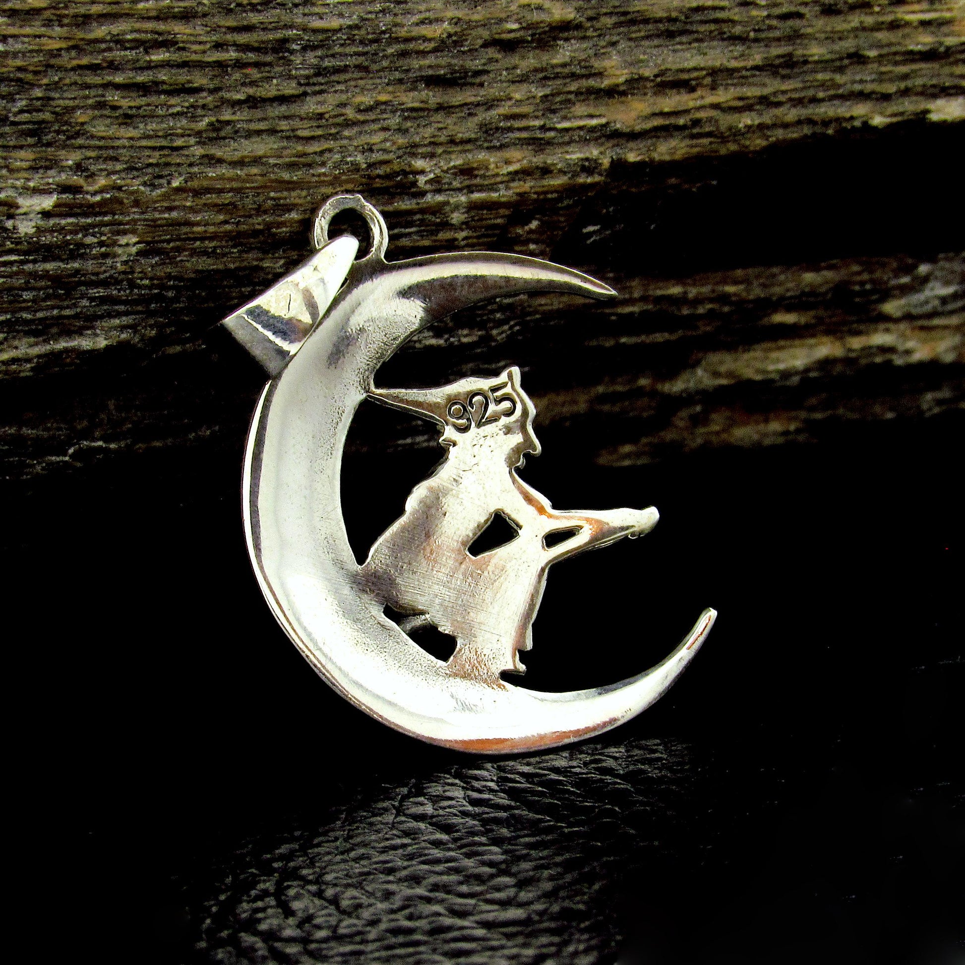 Solid 925 Sterling Silver Witch Flying on Crescent Moon Pendant, Wiccan Pagan Witchcraft Jewelry