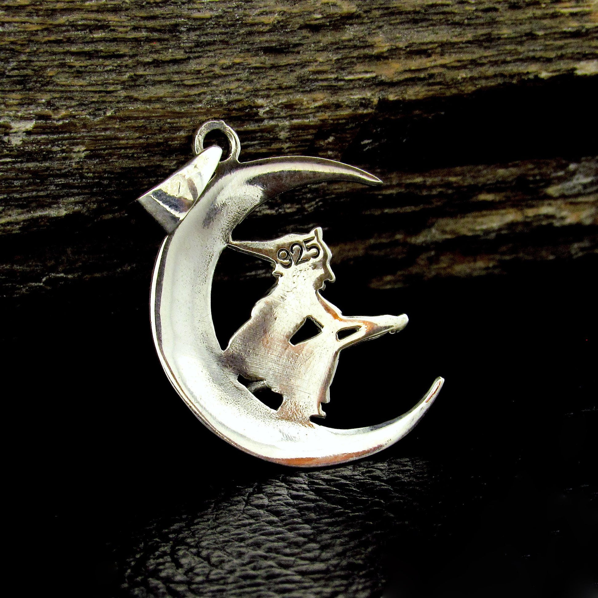 Solid 925 Sterling Silver Witch Flying on Crescent Moon Pendant, Wiccan Pagan Witchcraft Jewelry