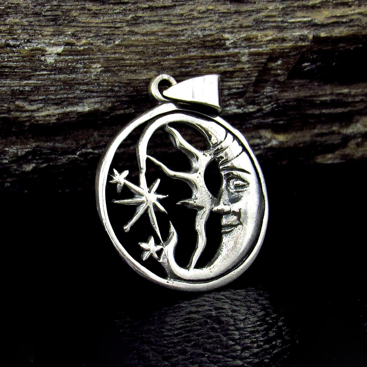 Solid 925 Sterling Silver Crescent Moon Face Pendant, Celestial Stars Amulet, Astrology Jewelry