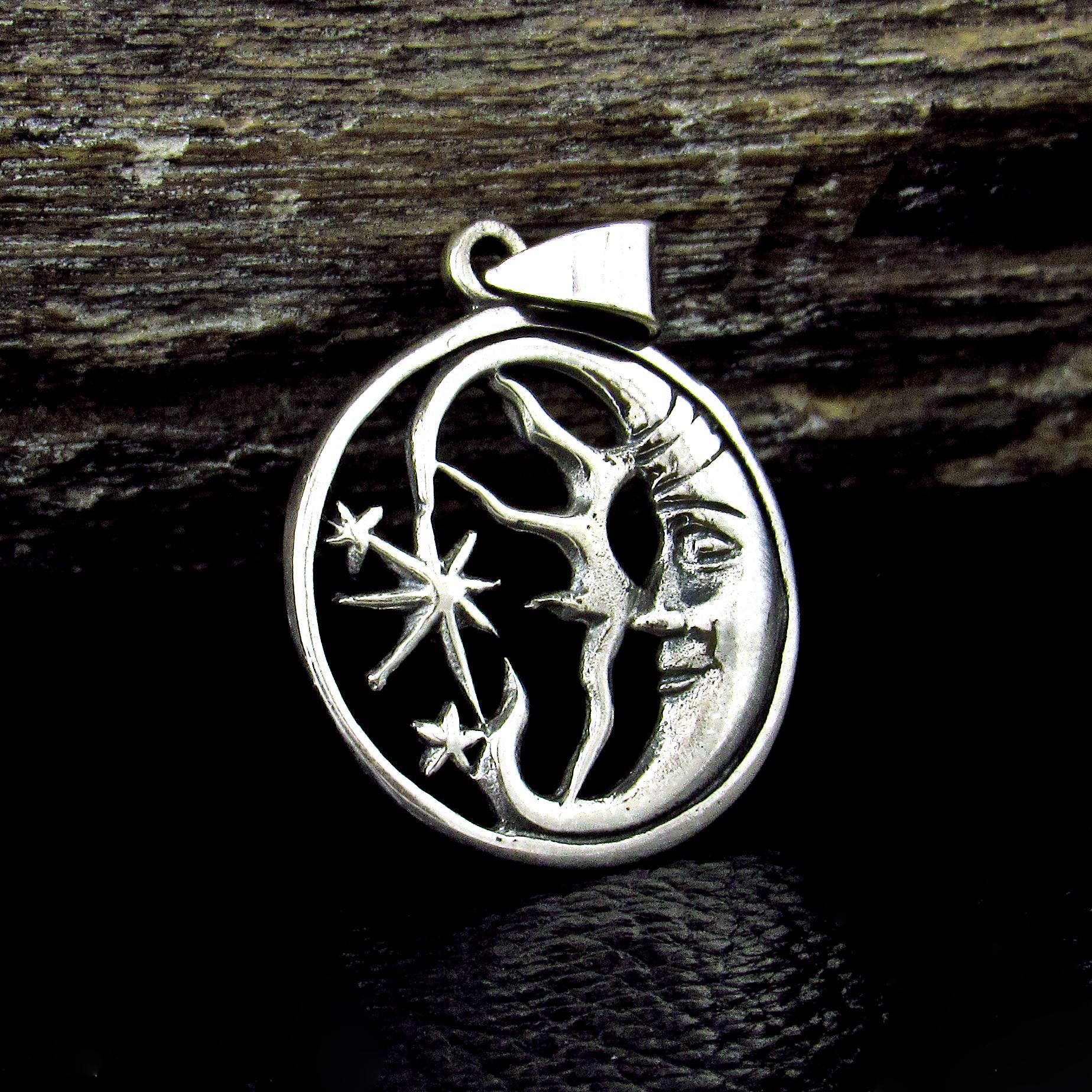 Solid 925 Sterling Silver Crescent Moon Face Pendant, Celestial Stars Amulet, Astrology Jewelry