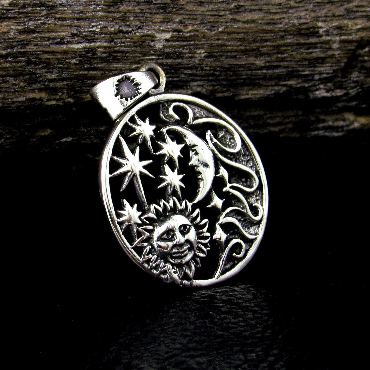 Solid 925 Sterling Silver Sun Moon Stars Pendant with Cosmic Waves, Celestial Astrology Jewelry