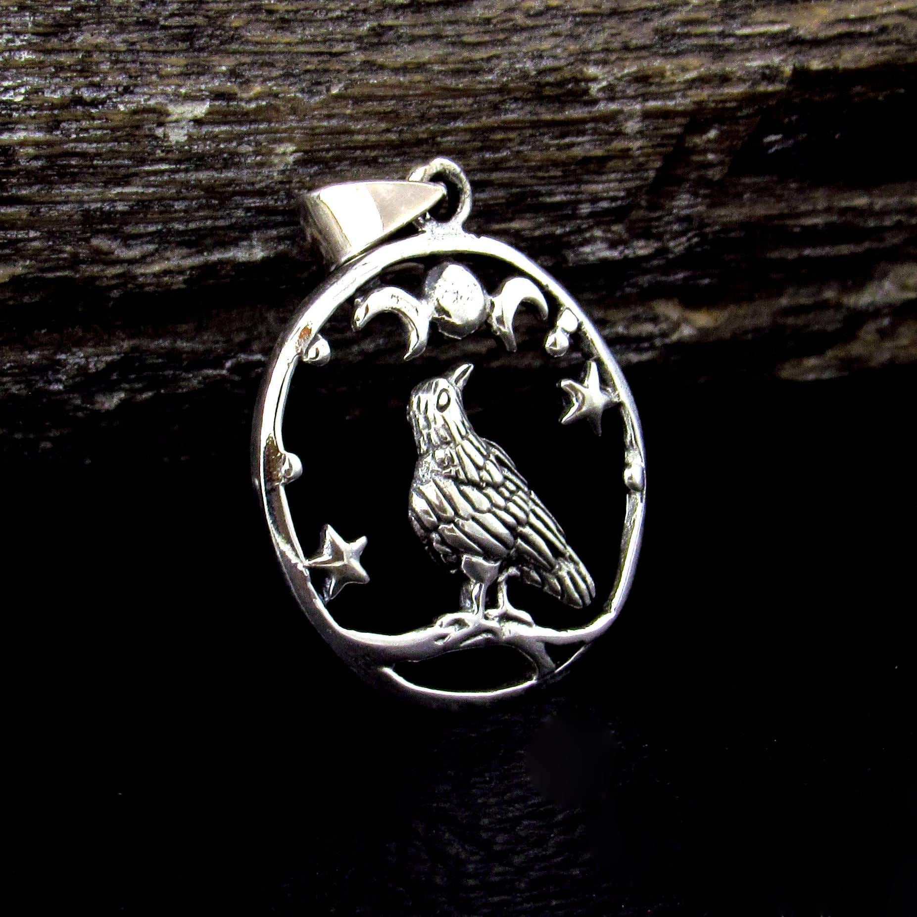 Solid 925 Sterling Silver Raven Moon and Stars Pendant, Gothic Celestial Crow Amulet