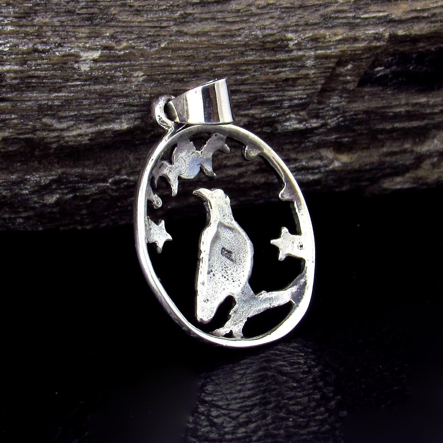 Solid 925 Sterling Silver Raven Moon and Stars Pendant, Gothic Celestial Crow Amulet