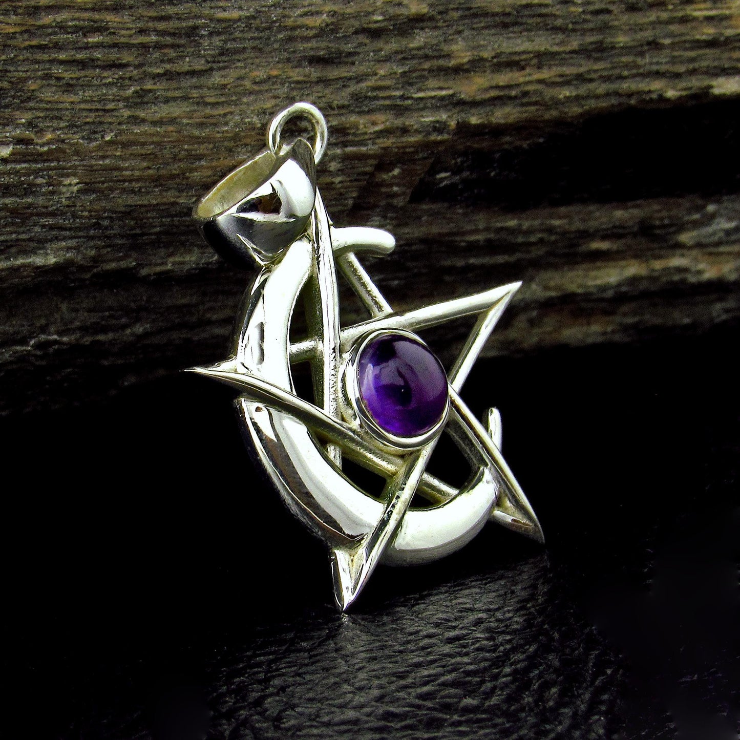 Solid 925 Sterling Silver Pentacle Moon Pendant – Amethyst, Moonstone or Onyx – Pagan Protection Symbol