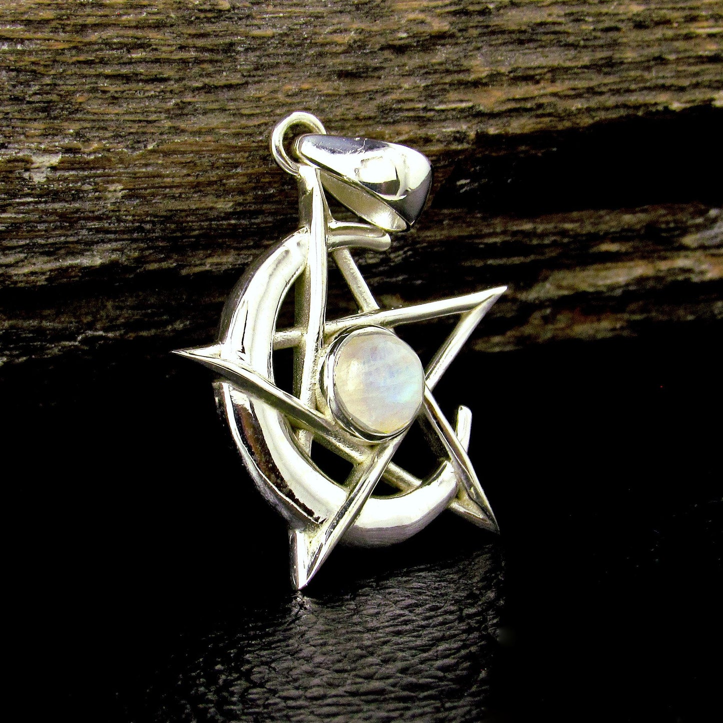Solid 925 Sterling Silver Pentacle Moon Pendant – Amethyst, Moonstone or Onyx – Pagan Protection Symbol