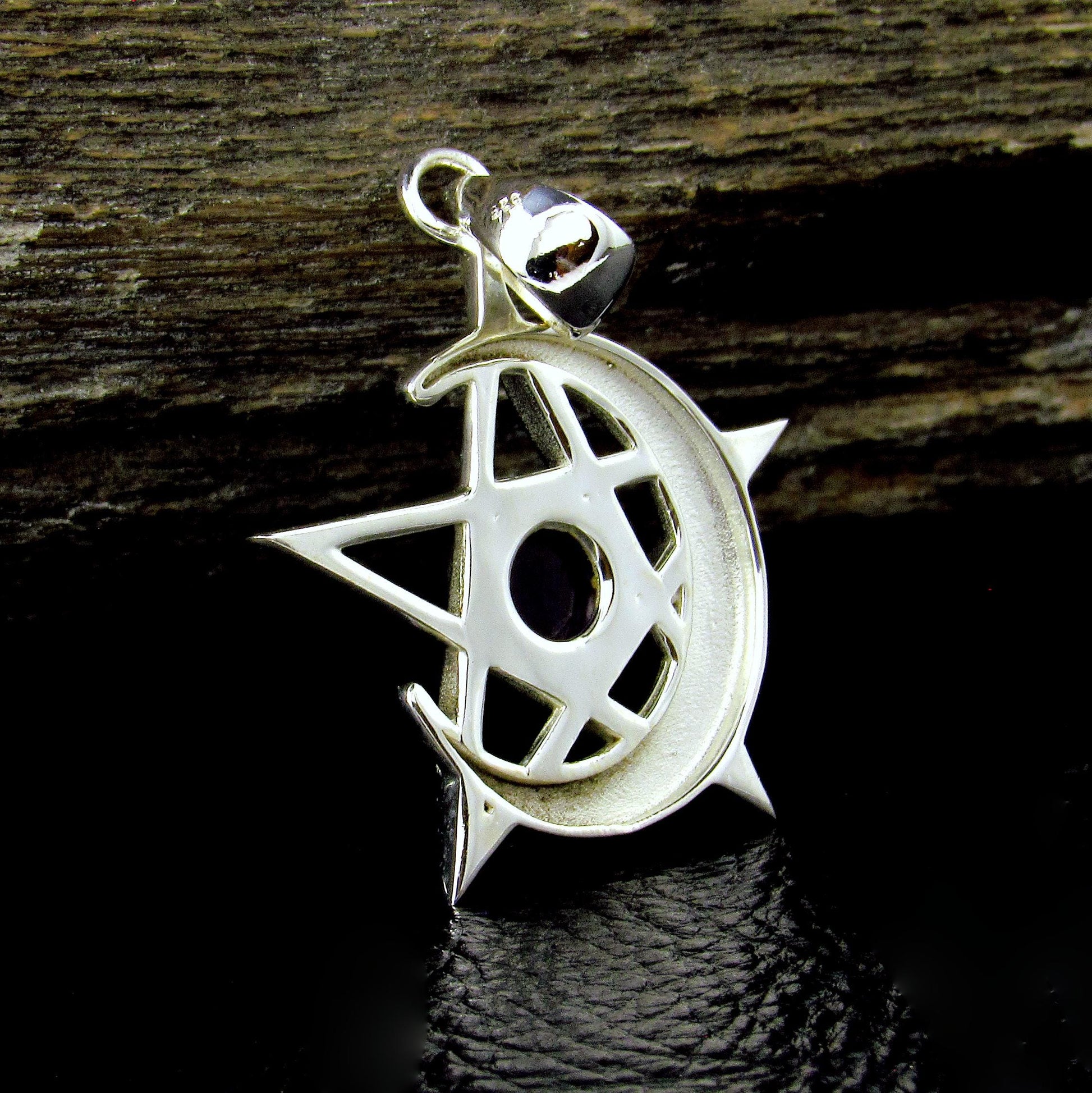 Solid 925 Sterling Silver Pentacle Moon Pendant – Amethyst, Moonstone or Onyx – Pagan Protection Symbol