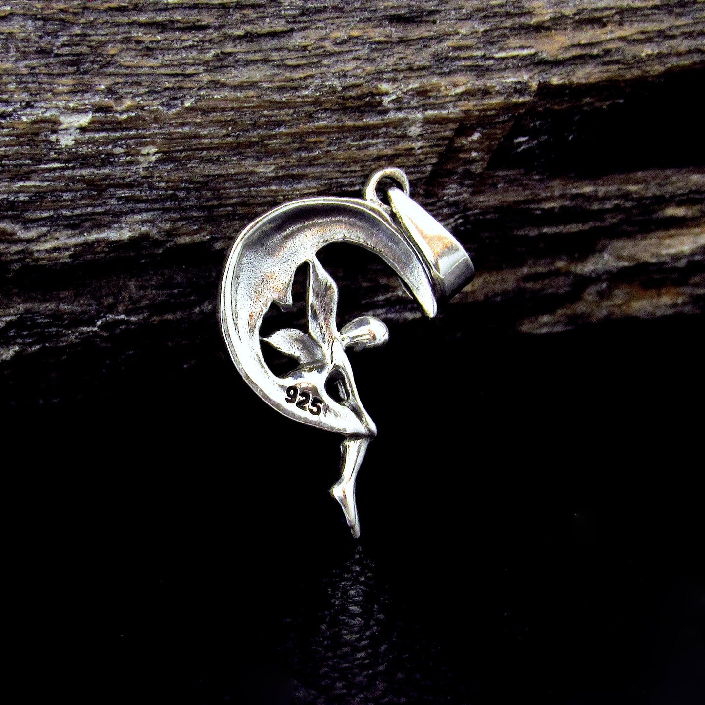 Solid 925 Sterling Silver Moon Fairy Pendant – Crescent Moon Faeire Charm, Celestial Fantasy Jewelry