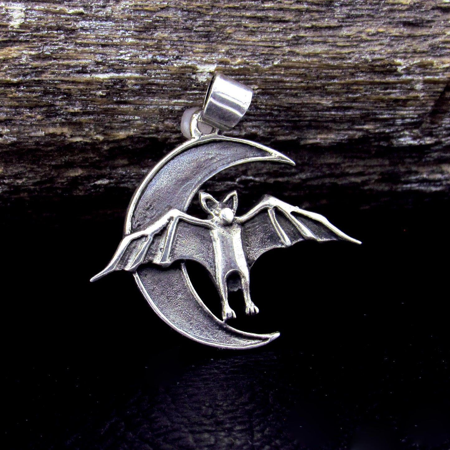 Solid 925 Sterling Silver Bat and Crescent Moon Pendant – Gothic Lunar Bat Necklace Amulet