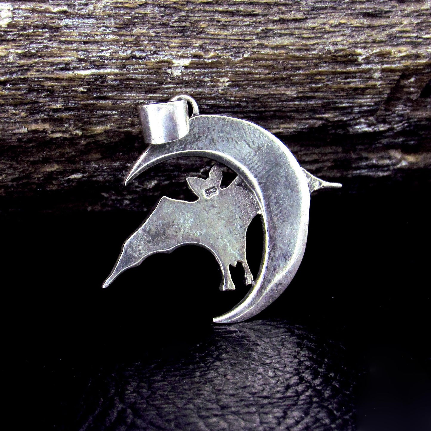 Solid 925 Sterling Silver Bat and Crescent Moon Pendant – Gothic Lunar Bat Necklace Amulet