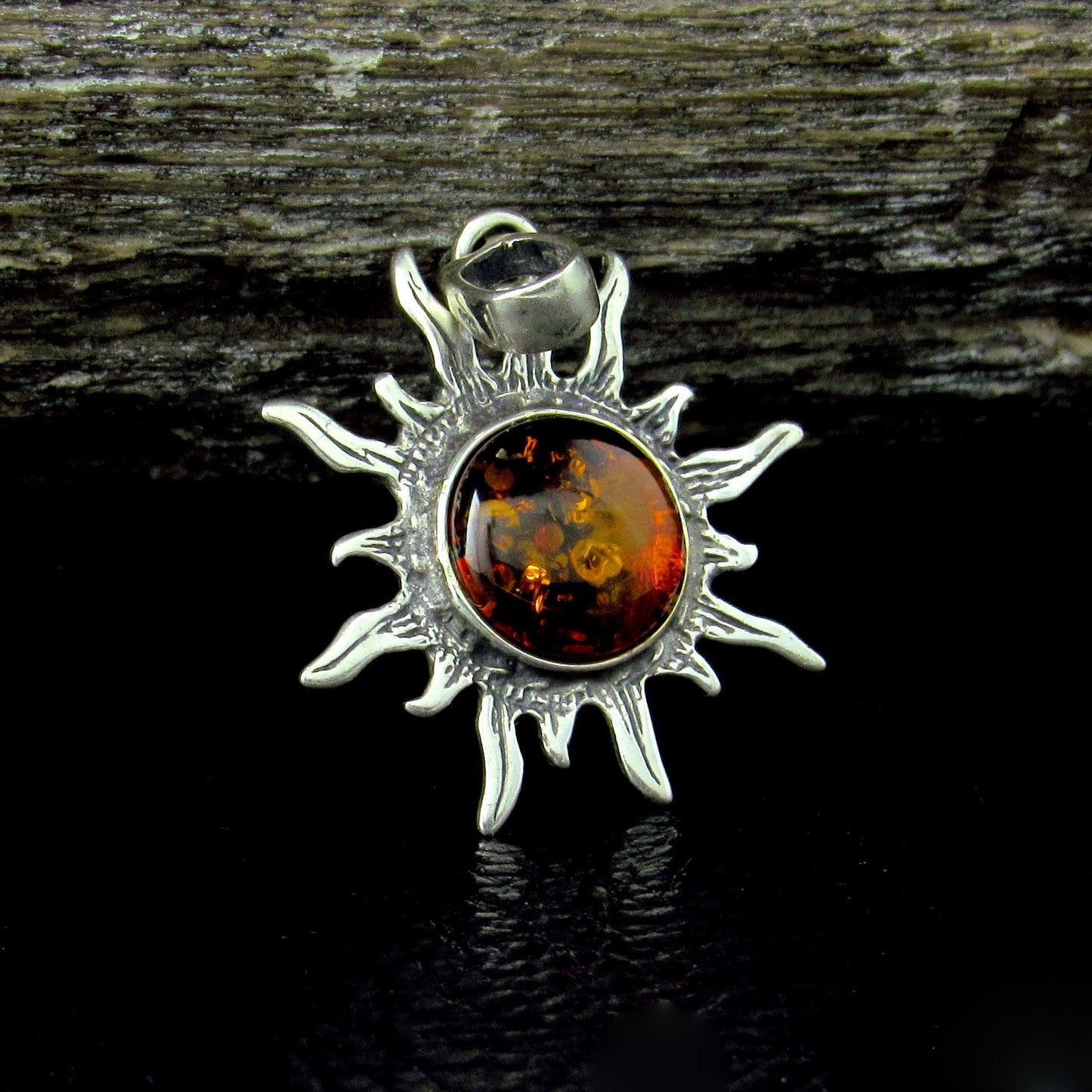 Solid 925 Sterling Silver Amber Sun Pendant – Baltic Amber Solar Necklace, Honey or Green